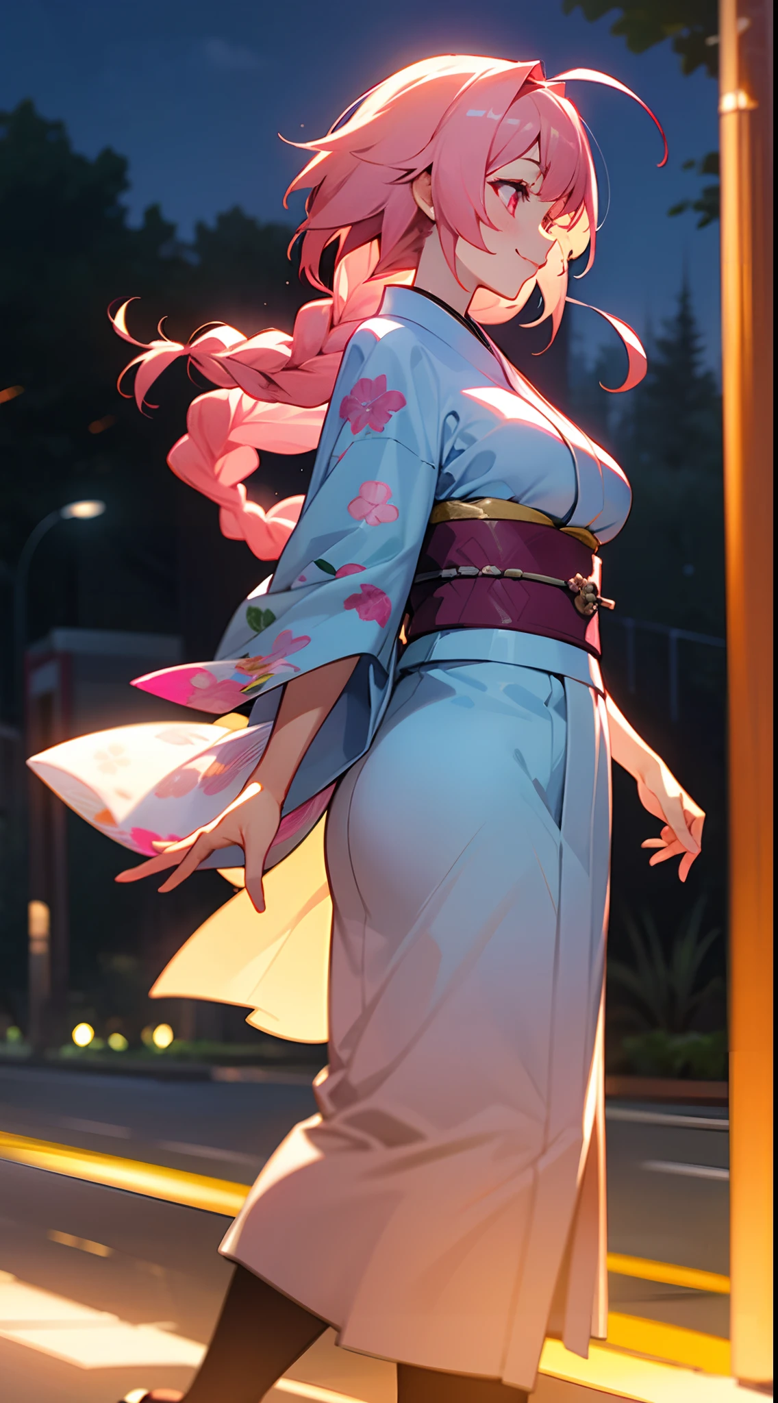 1 girl, game CG, floral blue kimono, gigantic breasts, pink hair, long hair, braids, princess hairstyle, ahoge, pink eyes, night, smile, walk, from the side,