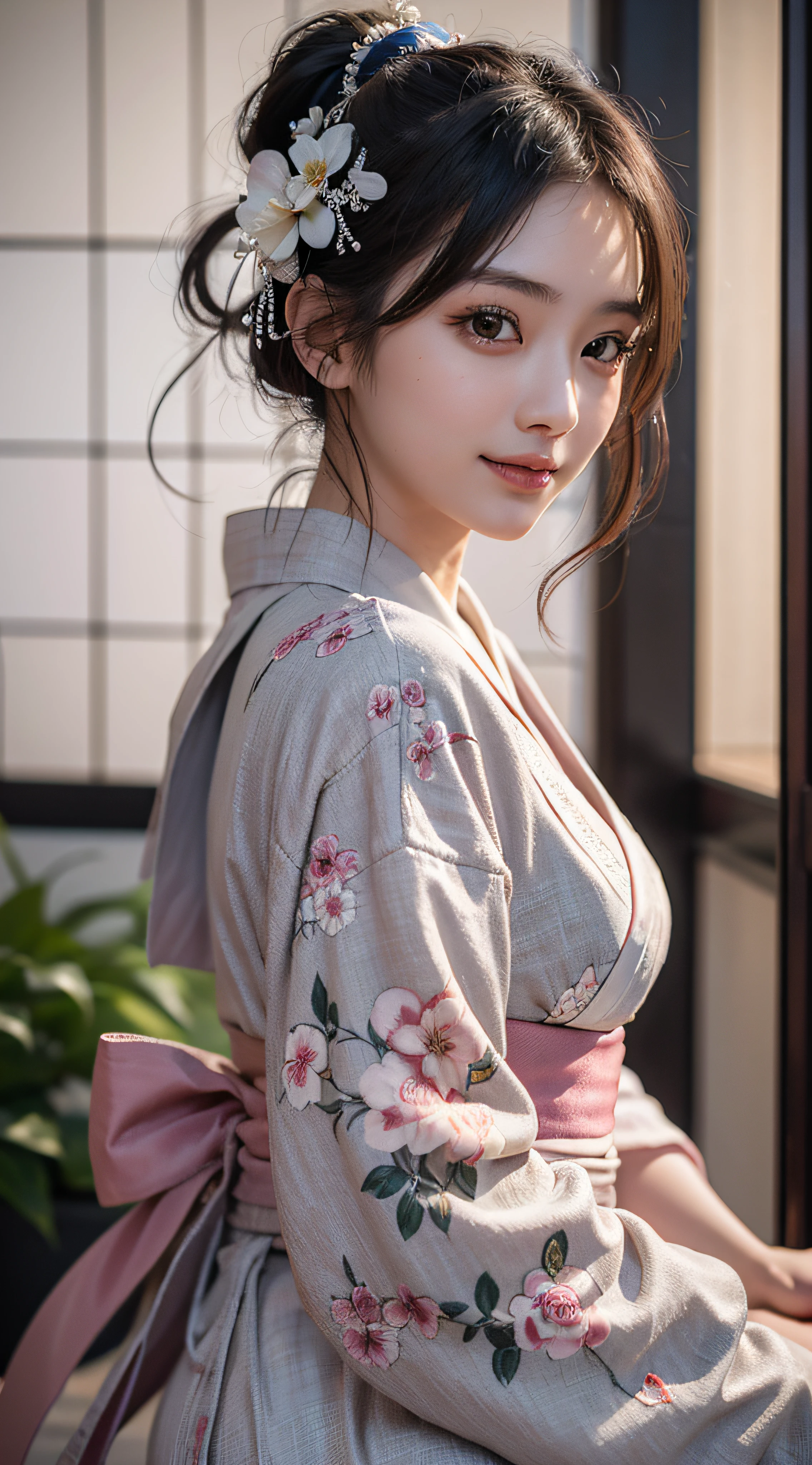(Photorealsitic:1.4), (Top image quality:1.0), (超A high resolution:1.0), 8K, Raw photography, (​masterpiece:0.2), (pureerosface_v1:0.5)、(Best Quality Detail:1.2)、realisitic、8K UHD、hight resolution、(1girl in:1.2)、The ultra-detailliert、High quality textures、intricate detailes、detaileds、Very detailed CG、High quality shadows、Detail Beautiful delicate face、Detail Beautiful delicate eyes、depth of fields、Ray traching,1girl in, japanaese girl, Cute, slender, Black kimono, Kimono with Japanese pattern,Floral scrunchie, Beautiful skin, Facing the front,Sit down, Sit upright and say thank you,Align your hands elegantly,Smile faintly The Land of Japan,Japanese garden,Luxury Japanese-style room, skyporn, Magic Hour, (Realistic:1.3), Finely detailed, quality, (masutepiece:1.2), (Photorealistic:1.2), (Best Quality), (Intricate details), Dramatic, Ray tracing, photograph, +Lola