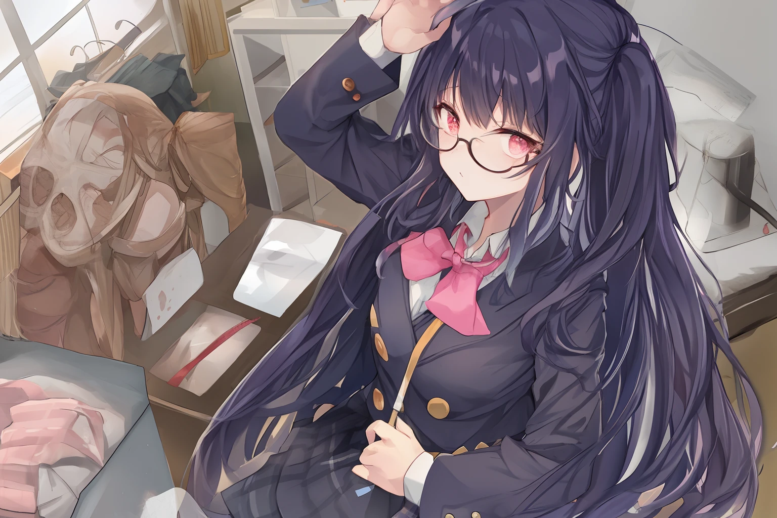 17Year old schoolgirl High school girl in black high socks Japan puffed out cheeks Fume Lack of eye power The skirt is ironed The shirt is ironed The tie is about to come off plaid skirts Glasses twin tail rough sketch The contours are not black Outlines are colors々colourfull17Year old schoolgirl High school girl in black high socks Japan puffed out cheeks Fume Lack of eye power The skirt is ironed The shirt is ironed The tie is about to come off plaid skirts Glasses twin tail rough sketch The contours are not black Outlines are colors々Use colorful colors less saturated watercolor paiting The contour line is thin and delicate There are many contour lines Hair is pink hair is long Hair is tied Twin-tailed The skeleton is very thin very thin shoulders Udder is small The height is170centimeter Weight is30kilogram Fume Lack of eye power Use colors that don't open your eyes less saturated watercolor paiting The contour line is thin and delicate There are many contour lines Hair is pink hair is long Hair is tied Twin-tailed The skeleton is very thin very thin shoulders Udder is small The height is170centimeter Weight is30kilogram Fume Lack of eye power Eyes are not open tightly