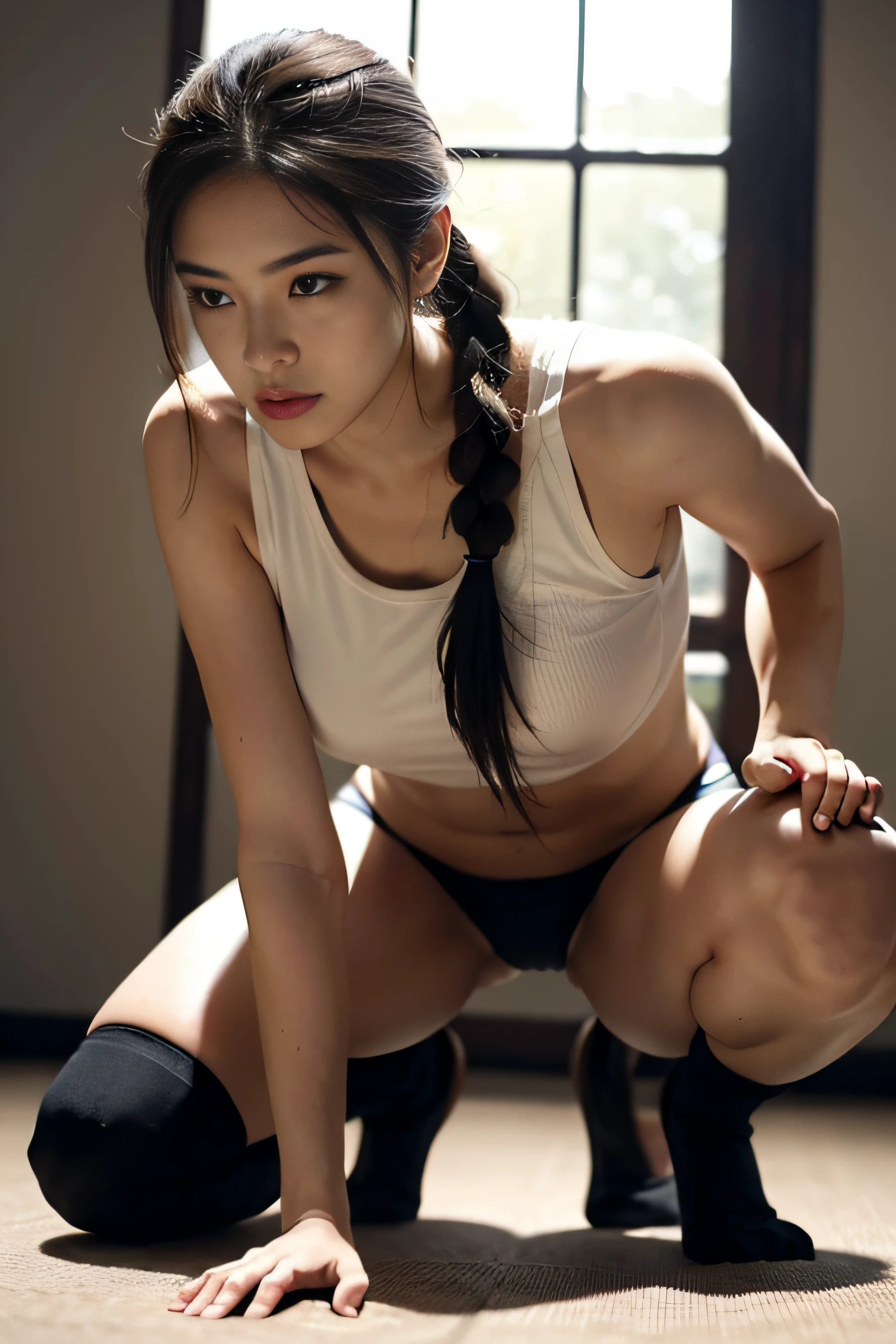 ((tmasterpiece, best qualtiy)),A highly detailed,8K,realistic focus,Complicated details,a big breast chinese girl,Female volleyball player,Women's volleyball uniform,Wearing the number 9 shirt,over knee socks,Indoor arena background,Tall guy,long leges,pony tails,Cocked buttocks,smallunderboob,little breast,tit,Open your clothes,revealing breasts,See the breasts,See the nipple,Robust body,Sexy and robust,Detailed abs,Detailed muscle lines,teat,dynamicposes,Kneeling,Kneeling pose,spread their legs,Greasy body,sweating body,Normal body proportions,Normal face,Normal hands,frontage,fully body photo,tall image,Look from the bottom up,look from down,
