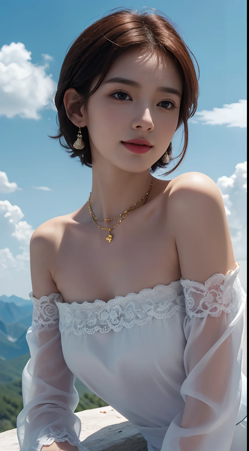 Realism, Surrealist painting, photorealistic realism, (very detailed 8k wallpapers), (extremely delicate and beautiful), (masterpiece), (best quality: 1.5), (ultra resolution: 1.3), detailed skin, ultra-detailed, (short wave hair:1.2), smile, red_hair, breeze, diamond_necklace, full_body, white_off_the_shoulder_shirt_ with_bobo_sleeves, gold_lace, (mountain_top: 1.6), (colorful_clouds), realistic shadows,