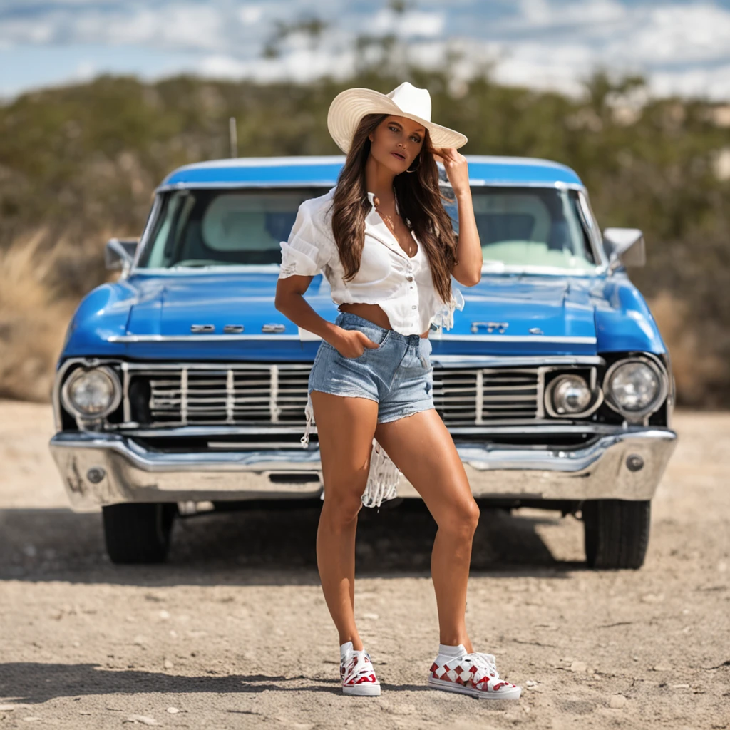 Hay una mujer vestida de vaquera sexy, ella usa shorts muy cortos de mezclilla, camisa de cuadros azul con blanco, tenis deportivos, calcetas cortas blancas y un sombrero texano, She is standing while posing, she's outside, ella tiene piernas gruesas y tiene rasgos faciales finos, mujer blanca, Detailed, sharp image.