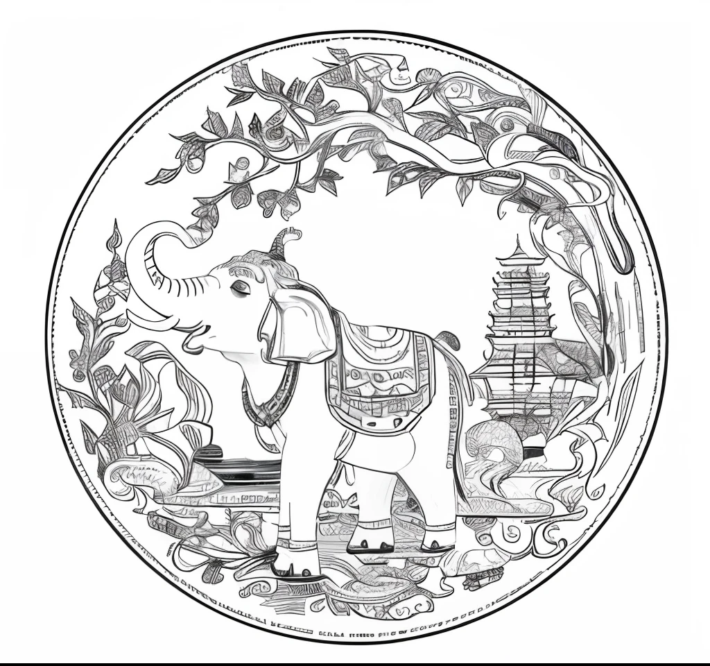 Black and white drawing of an elephant in a circular frame, detailed intricate illustration, Impressions of Yunnan, Coloring book outline, highly detailed linework, coloring page, intricate detailed illustration, extremely detailed linework, intricate details illustration, intricate illustration, an elephant king, detailed linework, black and white detail rich, coloring page, intricate line drawing, iintricate，detail-rich
