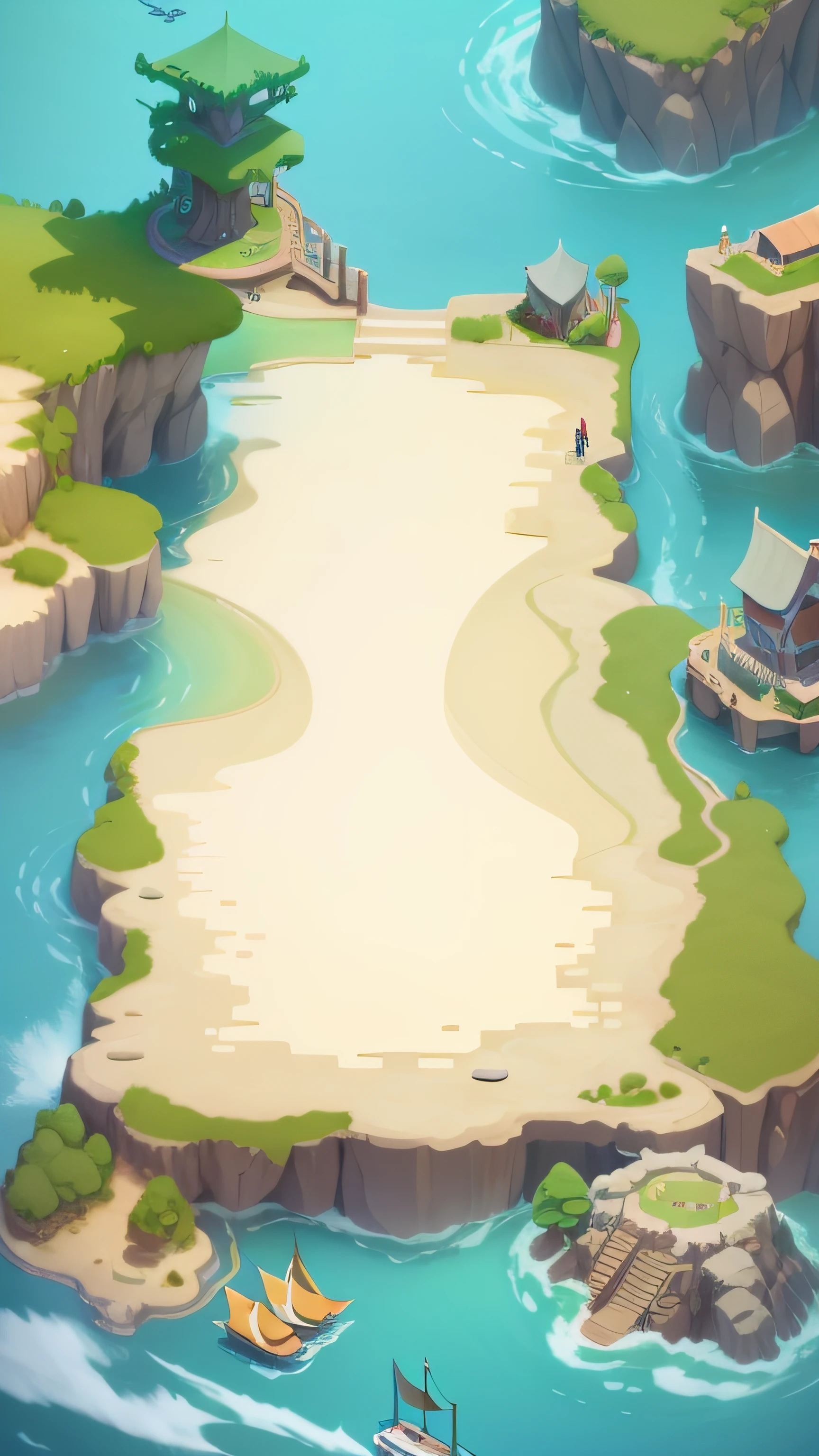 Reference to the art style of the game Soundfall，Design a battle island in the sea，A square battle platform similar to the Battle of the Golden Shovel，Map the daytime atmosphere。atmosphere，Terrain，buliding