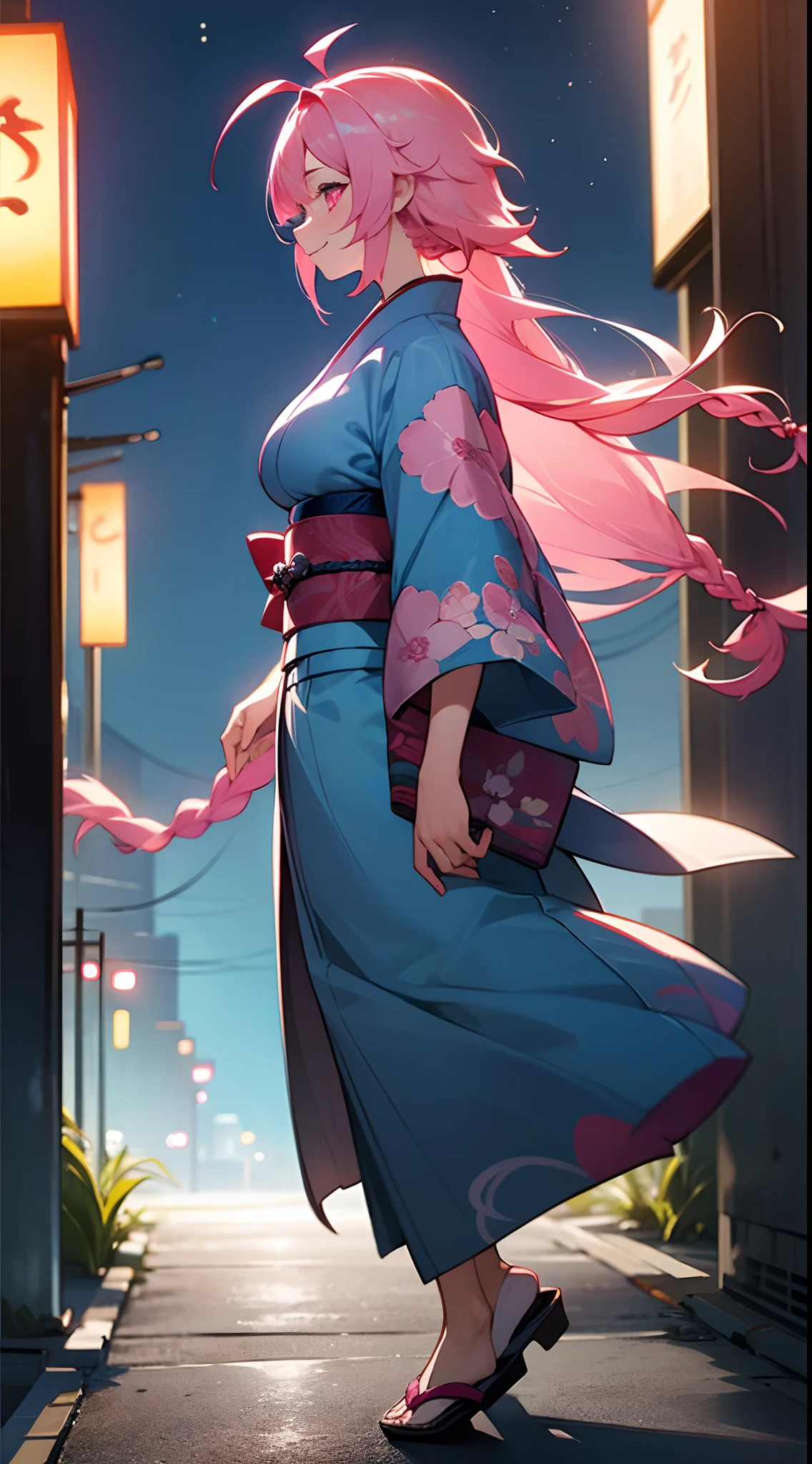 1 girl, game CG, floral blue kimono, gigantic breasts, pink hair, long hair, braids, princess hairstyle, ahoge, pink eyes, night, smile, walk, from the side,