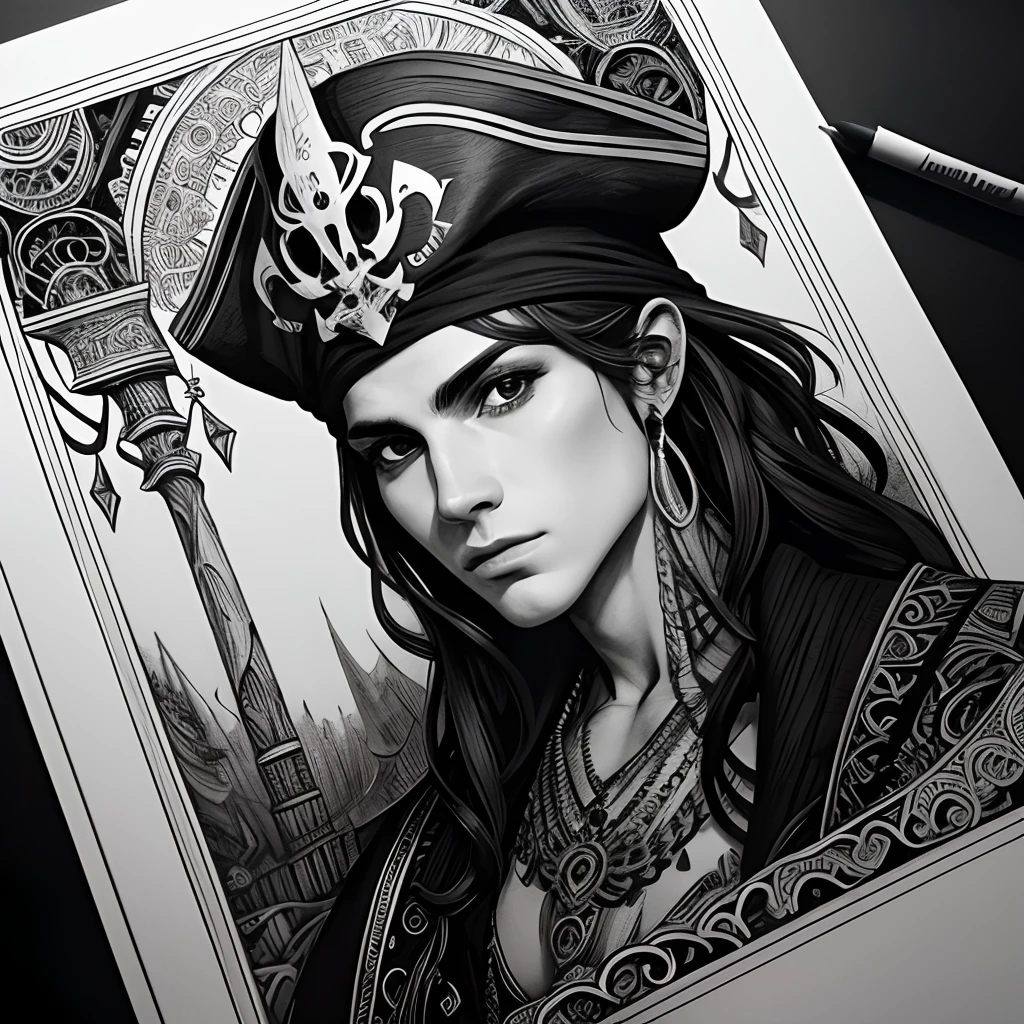Centred potrait of a male Pirate, black and white, zentangle (best quality) ultra-detailed, fine line drawing, fine line art, coloring book illustration style, intricate linework, highly detailed illustration, perfect composition, beautiful and stunning, dynamic angle, high contrast, incredible shading, incredible detail, unique style, black and white details, (dark and mystical atmosphere), intricate and detailed nature elements.