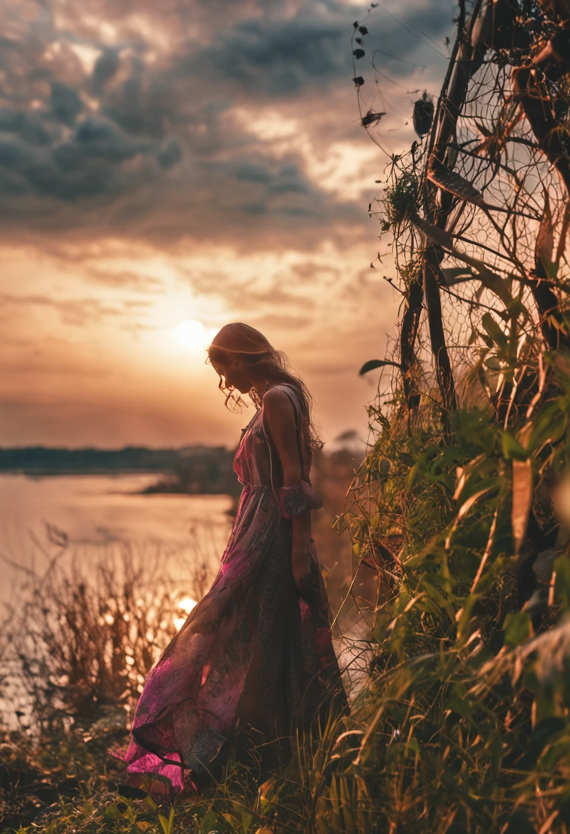 tmasterpiece，best qualtiy，one-girl，Lie on the fence by the lake，closeup cleavage，brightly，cheerfulness，Warm and soft lighting，the sunset，（spark of light：0.7）