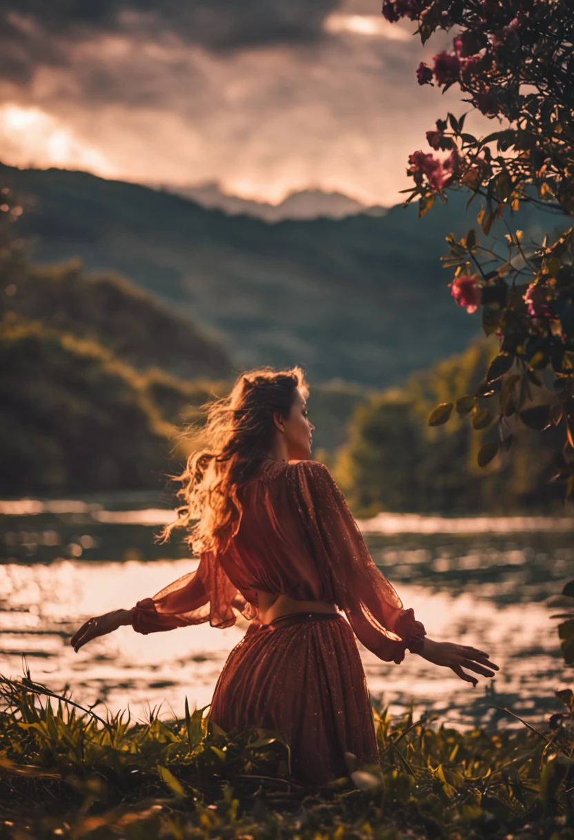 tmasterpiece,best qualtiy,one-girl,Lie on the fence by the lake,closeup cleavage,brightly,cheerfulness,Warm and soft lighting,the sunset,(spark of light:0.7)