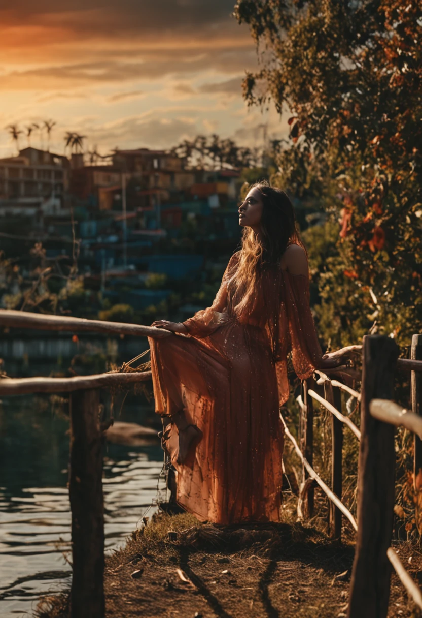 tmasterpiece,best qualtiy,one-girl,Lie on the fence by the lake,closeup cleavage,brightly,cheerfulness,Warm and soft lighting,the sunset,(spark of light:0.7)
