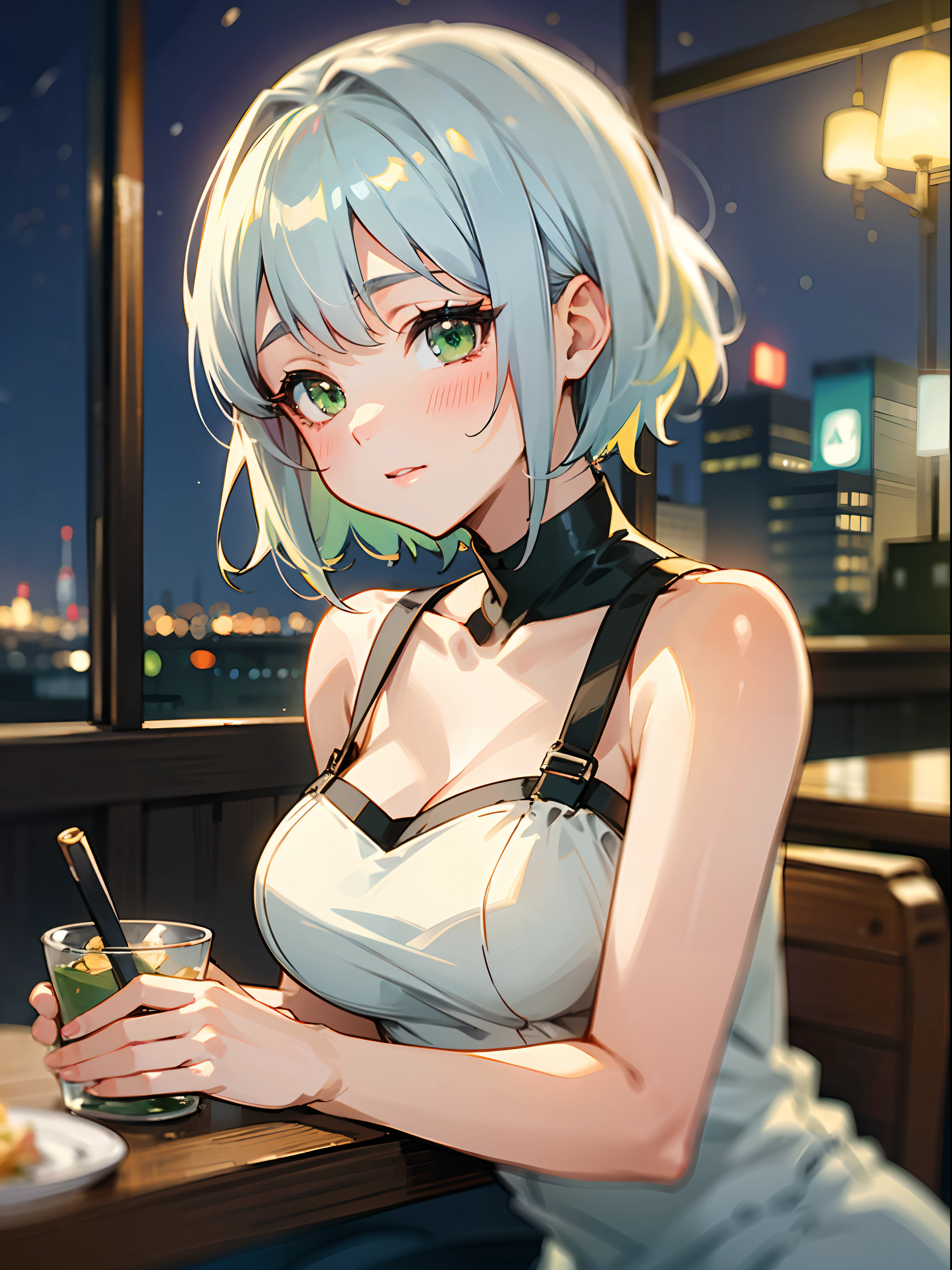 Anime girl with white short hairs, green eyes, sitting on the chair, night, city, restaurant, dinner, blush, 4k, high quality, supersharp, masterpiece, beautiful woman, perfect body, perfect face, cute face,