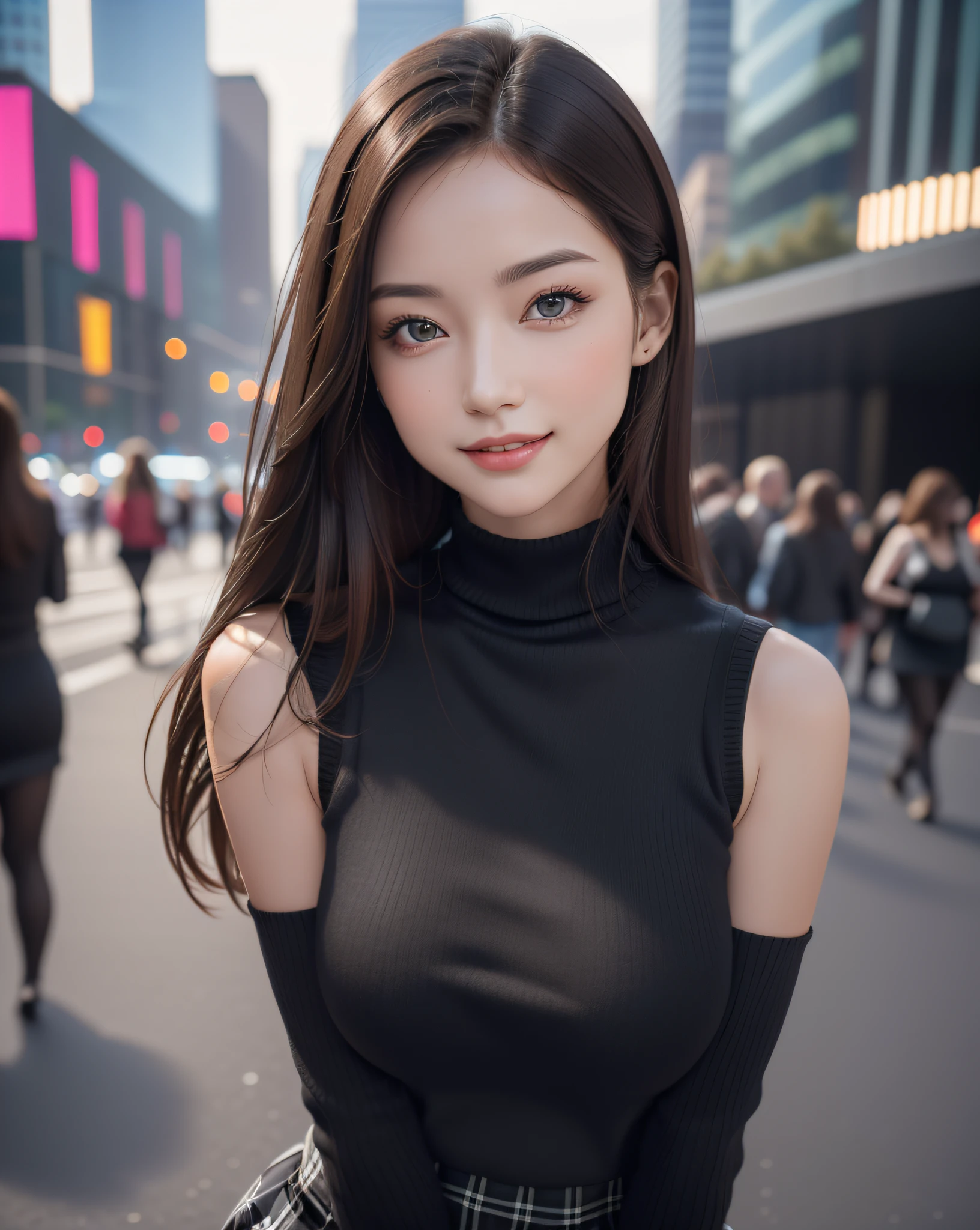 (1girl:1.3, solo), (Masterpiece, best quality, photorealistic, highres, photography, :1.3), ultra-detailed, sharp focus, professional photo, commercial photo, (upper body:1.3, bust-up portrait), BREAK, 1 brunette girl, solo, European girl, hot model, highly detailed eyes and pupils, realistic skin, (attractive body, medium-large breast:1.25), extremely detailed hair, delicate sexy face, sensual gaze, shiny lips, BREAK, ((wearing a black turtleneck sweater:1.3, sleeveless, lapped plaid-pattern-skirt)), (outdoor, night, at Madison Square Garden, blurry background, simple background, no human background:1.25), (standing, attractive posing, arms down, arms behind back), ((realistic, super realistic, realism, realistic detail)), perfect anatomy, perfect proportion, bokeh, depth of field, hyper sharp image, (attractive emotion, seductive smile, :d, ;p),