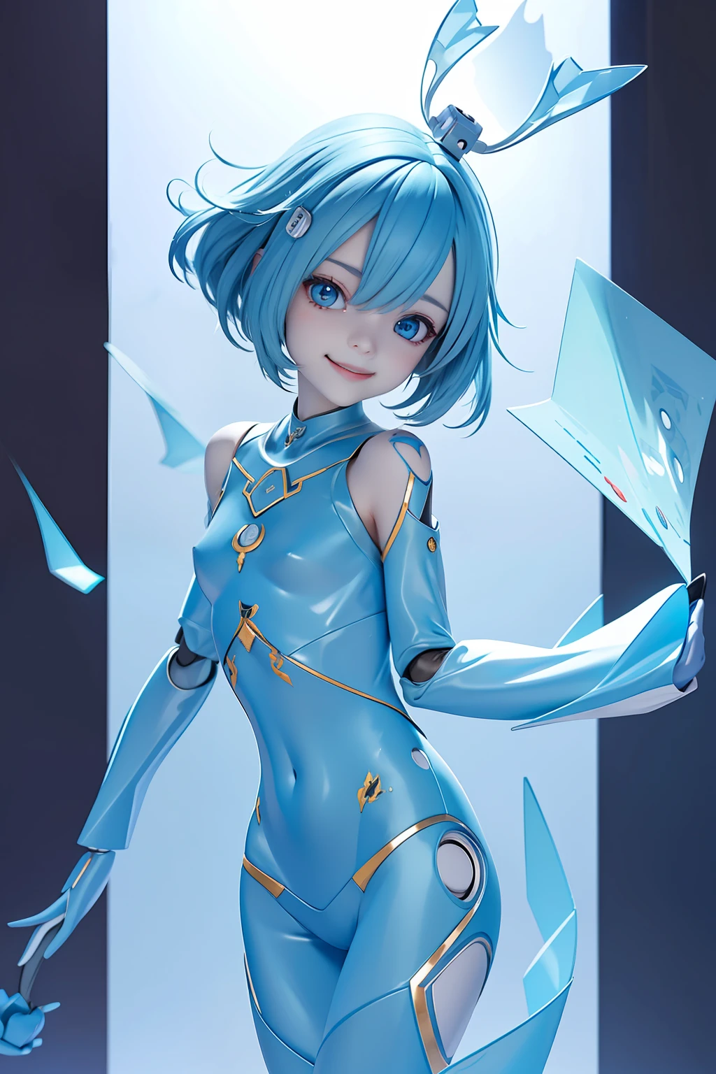 Digital Painting, Digital Illustration, Extreme Detail, Digital Art, 4K, Ultra HD,analyzer、Supporting Female Robots、Cute smiling girl、Excellent brains、tiny chest、Slender figure、Blue body、cheerful personality、