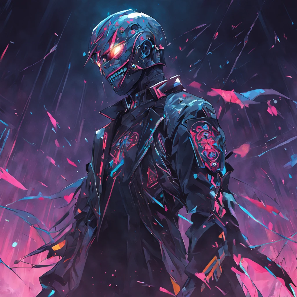 Daft Punk, Android mask, Detalles de Cyberpunk, Armadura pesada, magia oscura, Magia de muertos vivientes, Retrato de cuerpo entero, Mortal Kombat Fighter, hiperrealista, More detailed background, 8k, Mundo fantasma, tactical armor, negro y azul, Tar fluid textures, viscosidad negra, Disturbing mood, Creepy lighting, oscuro, Aesthetics of Diablo games