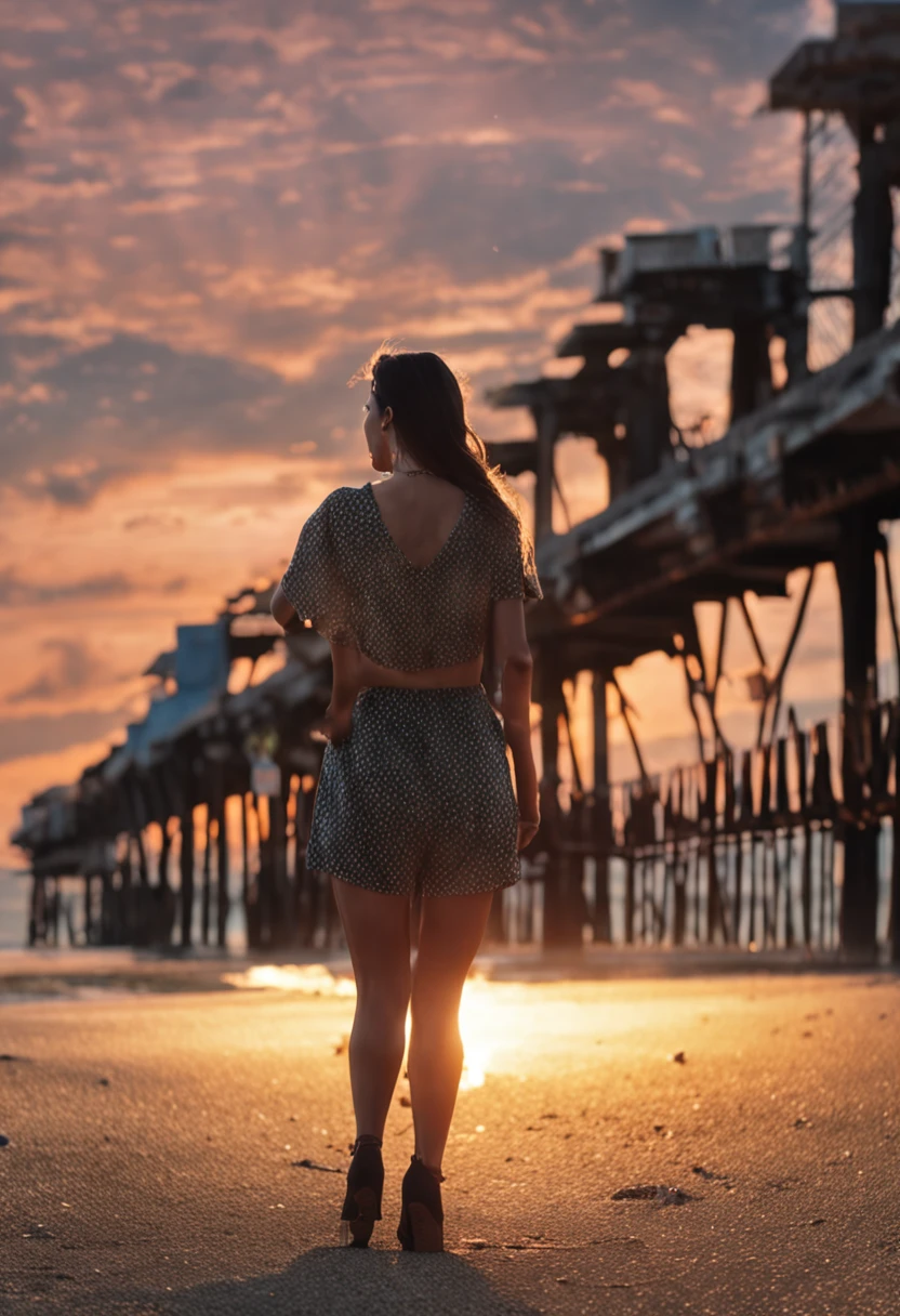 tmasterpiece,best qualtiy,one-girl,Lie on the seaside guardrail,closeup cleavage,starrysky,cheerfulness,Warm and soft lighting,the sunset,(spark of light:0.7)