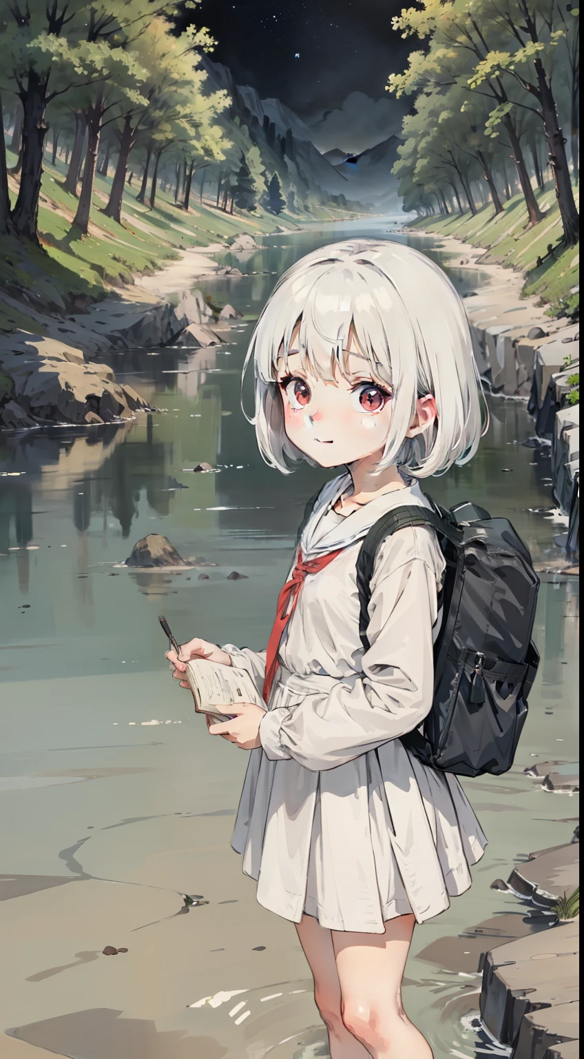 Watercolor illustration, Perfect anatomy, Masterpiece, Best quality, 1girll, li,elSolo, (with short white hair:1.2), Elementary school unture, during night, stands aside the river, Beautiful illustration of landscape painting,Best quality at best,Cute little girl s,(Transform the sequencesform into a magical girl,White Magic Girl,a baby face,Beautiful detailed red eyes,lookiwert,From the bottom,cheerfulness