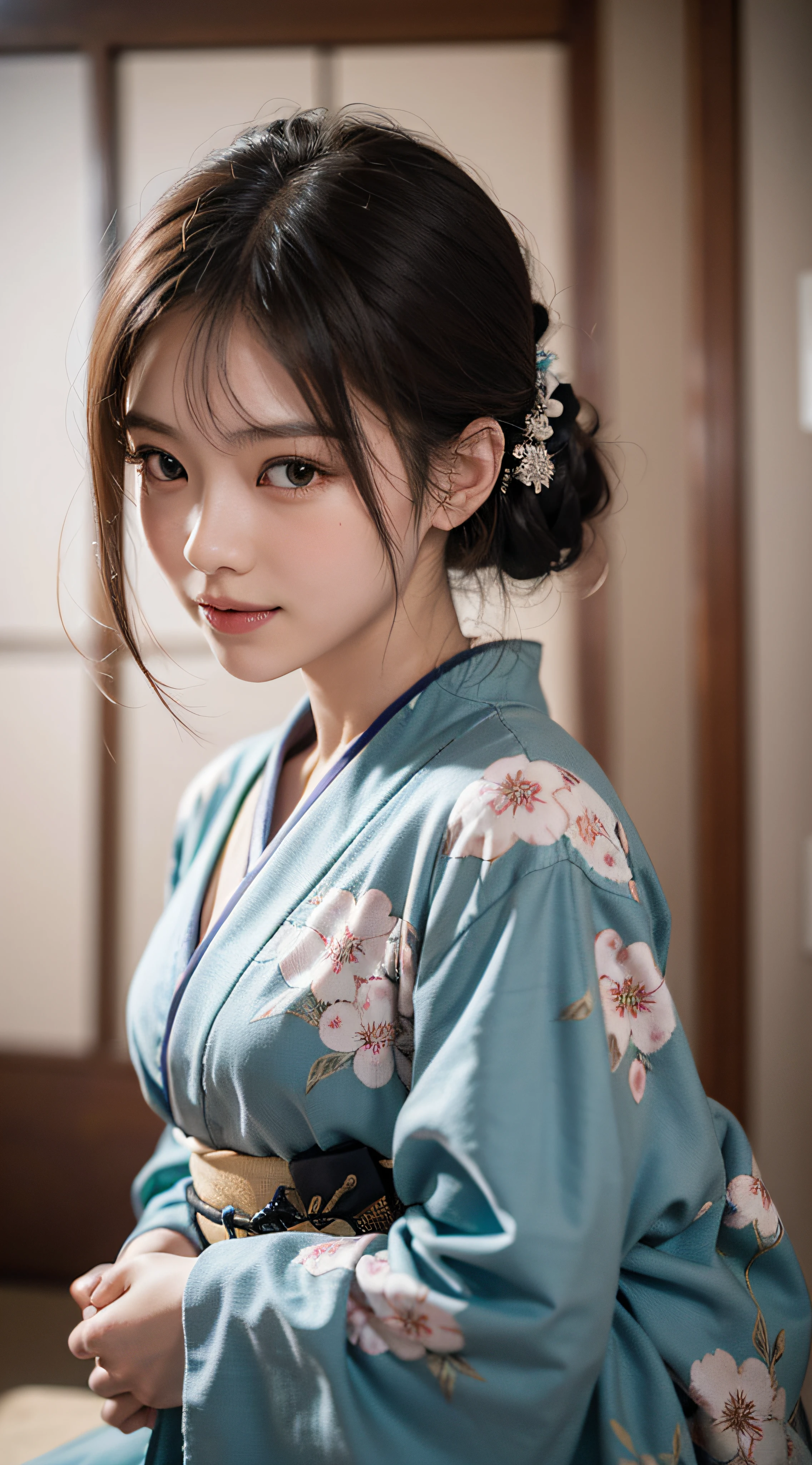 (Photorealsitic:1.4), (Top image quality:1.0), (超A high resolution:1.0), 8K, Raw photography, (​masterpiece:0.2), (pureerosface_v1:0.5)、(Best Quality Detail:1.2)、realisitic、8K UHD、hight resolution、(1girl in:1.2)、The ultra-detailliert、High quality textures、intricate detailes、detaileds、Very detailed CG、High quality shadows、Detail Beautiful delicate face、Detail Beautiful delicate eyes、depth of fields、Ray traching,1girl in, japanaese girl, Cute, slender, Black kimono, Kimono with Japanese pattern,Floral scrunchie, Beautiful skin, Facing the front,Sit down, Sit upright and say thank you,Align your hands elegantly,Smile faintly The Land of Japan,Japanese garden,Luxury Japanese-style room, skyporn, Magic Hour, (Realistic:1.3), Finely detailed, quality, (masutepiece:1.2), (Photorealistic:1.2), (Best Quality), (Intricate details), Dramatic, Ray tracing, photograph, +Lola