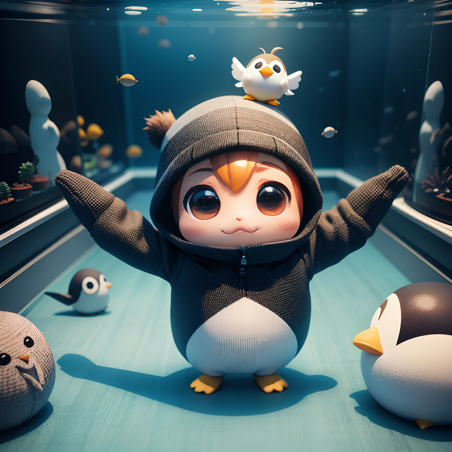 Checkerboard work Chibi 3D wearing penguin costume Chibi is cute and cute,Chibi 3D Inside a Giant Aquarium