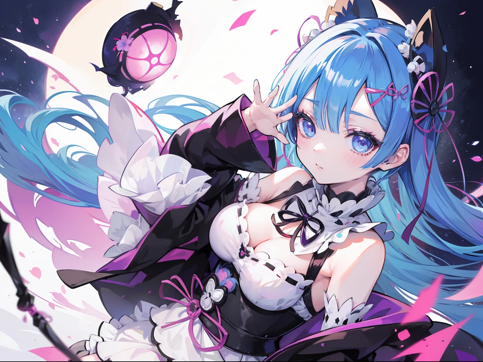 Kimetsu_no_Yaiba style, rem(Re:Zero), masterpiece、top-quality、1girl, moon,