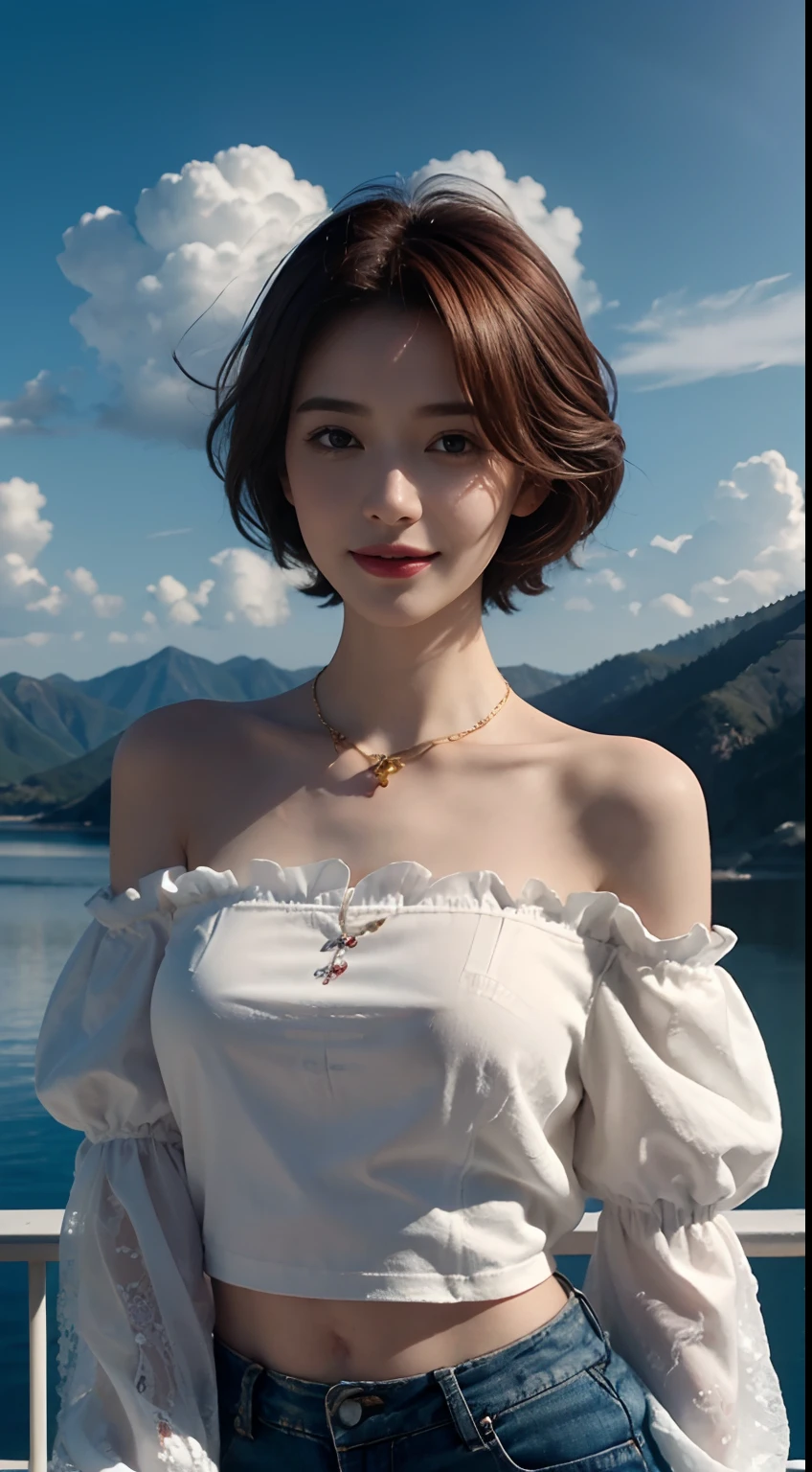 Realism, Surrealist painting, photorealistic realism, (very detailed 8k wallpapers), (extremely delicate and beautiful), (masterpiece), (best quality: 1.5), (ultra resolution: 1.3), detailed skin, ultra-detailed, (short wave hair:1.2), smile, red_hair, breeze, diamond_necklace, full_body, white_off_the_shoulder_shirt_ with_bobo_sleeves, gold_lace, (mountain_top: 1.6), (colorful_clouds), realistic shadows,
