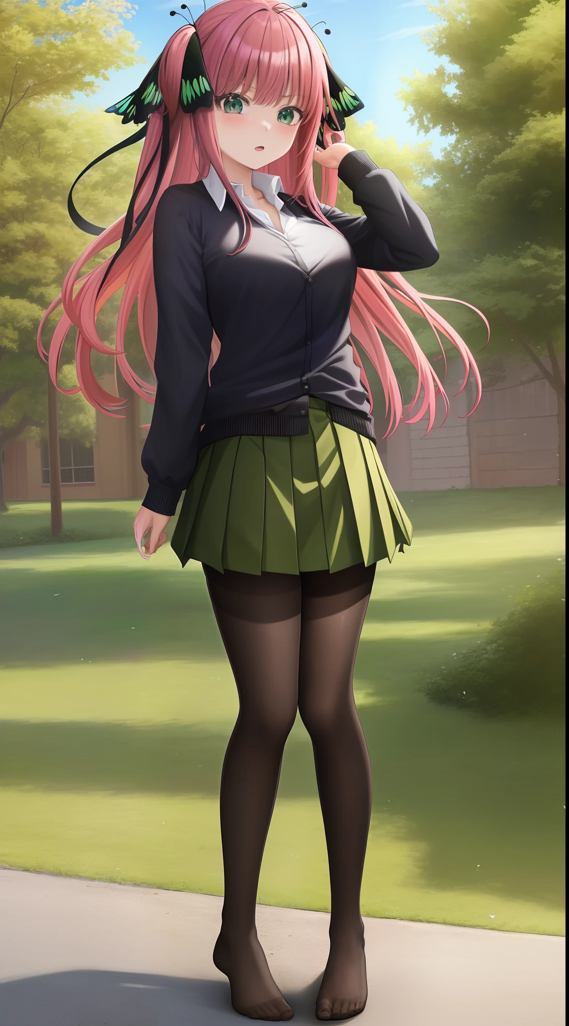 2D, masterpiece, best quality, anime, highly detailed, 1girl, solo, cowboy photo, nakano nino, pink hair, butterfly hair ornament, black cardigan, collared shirt, green skirt, miniskirt, big, black tights, standing, school, outdoor, moaning, feet without shoes, externally enlarged chest