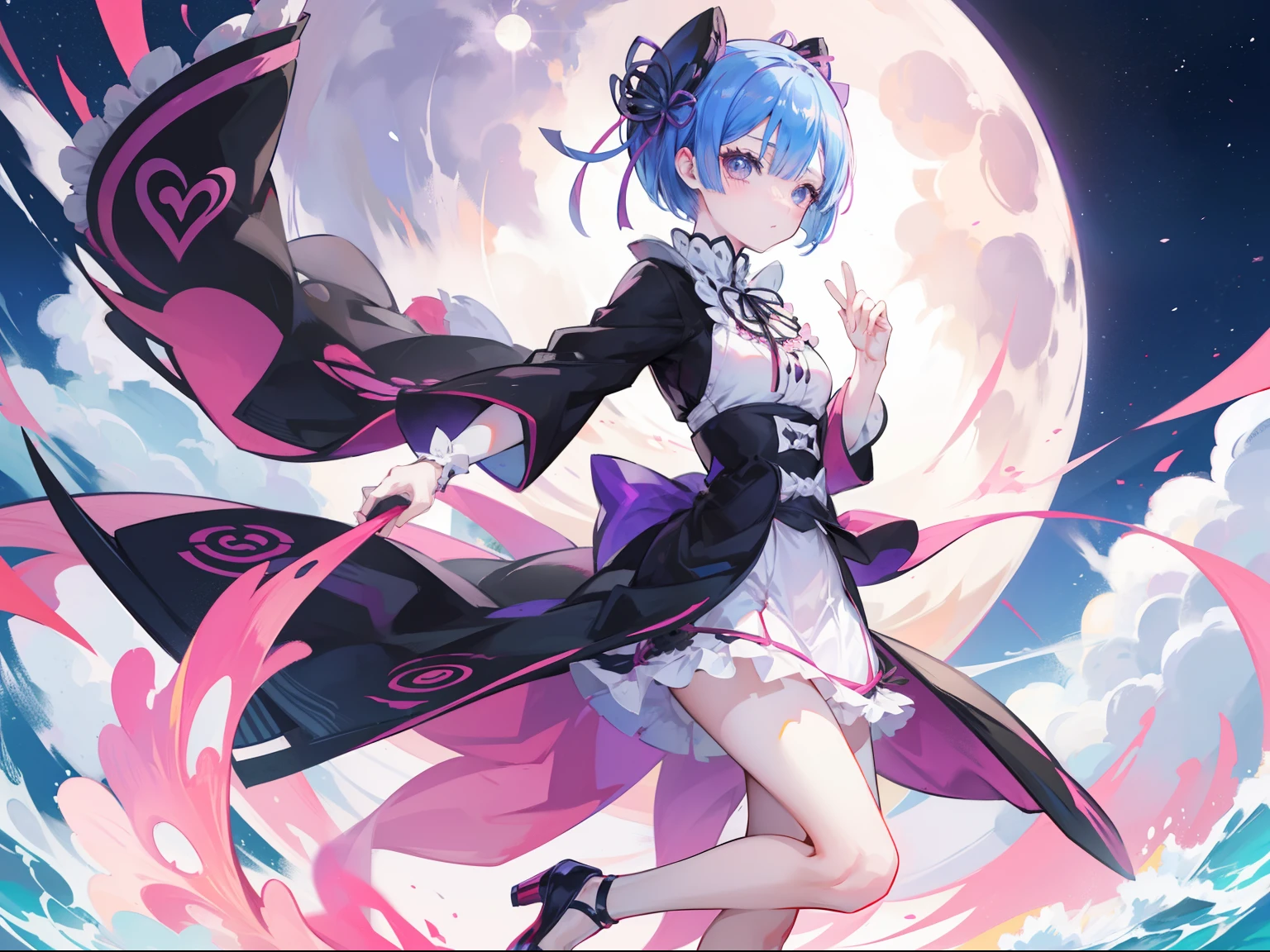 {Kimetsu_no_Yaiba style}, rem(Re:Zero), ​masterpiece、top-quality、1girl, moon,