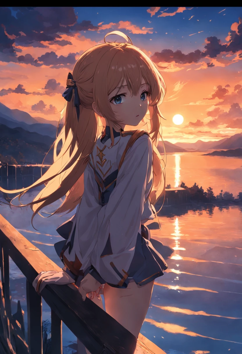 tmasterpiece，best qualtiy，one-girl，Lie on the fence by the lake，closeup cleavage，brightly，cheerfulness，Warm and soft lighting，the sunset，（spark of light：0.7）