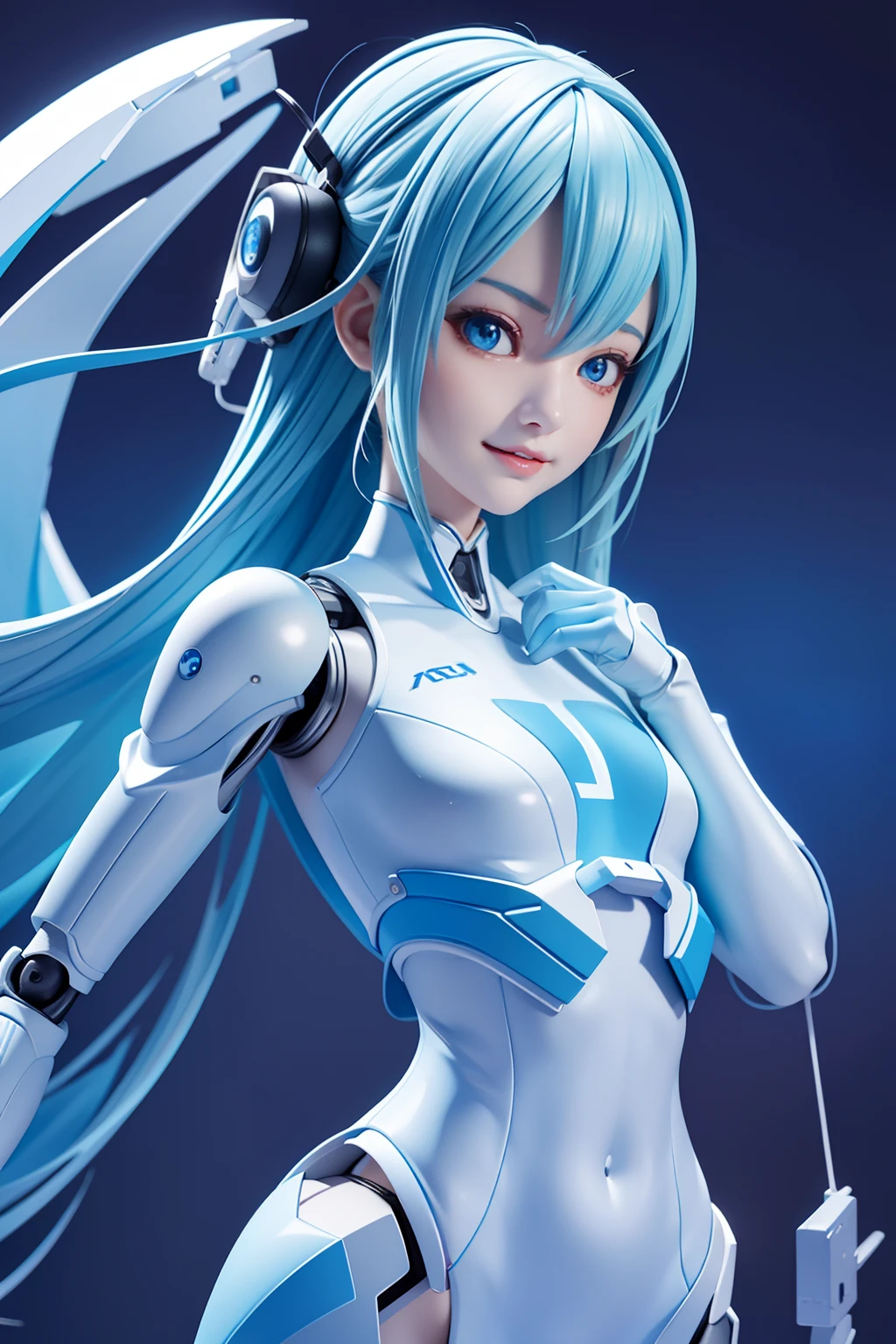 Digital Painting, Digital Illustration, Extreme Detail, Digital Art, 4K, Ultra HD,analyzer、Supporting Female Robots、Cute smiling girl、Excellent brains、tiny chest、Slender figure、Blue body、cheerful personality、