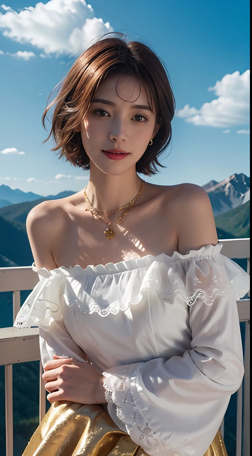 Realism, Surrealist painting, photorealistic realism, (very detailed 8k wallpapers), (extremely delicate and beautiful), (masterpiece), (best quality: 1.5), (ultra resolution: 1.3), detailed skin, ultra-detailed, (short wave hair:1.2), smile, red_hair, breeze, diamond_necklace, full_body, white_off_the_shoulder_shirt_ with_bobo_sleeves, gold_lace, (mountain_top: 1.6), (colorful_clouds), realistic shadows,