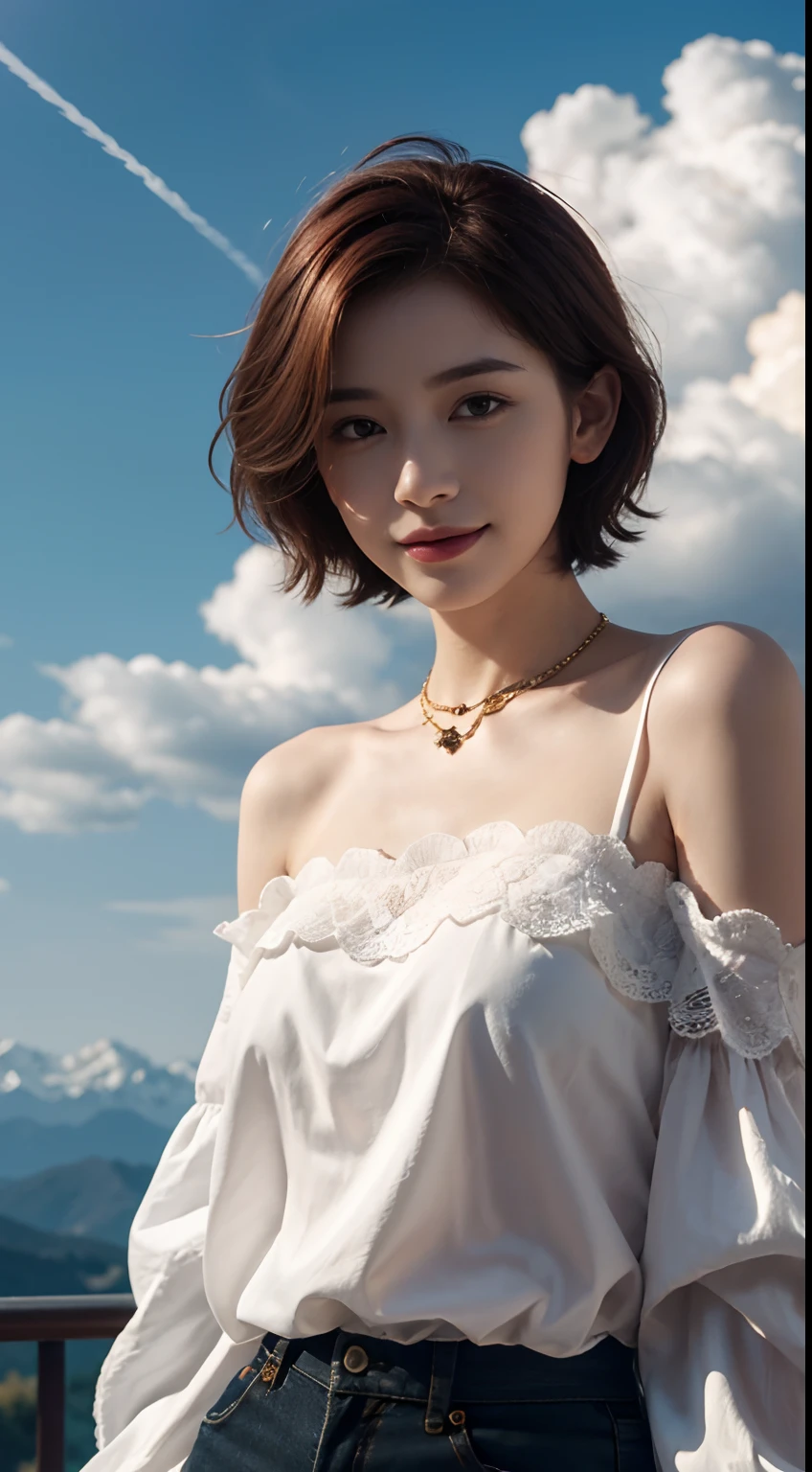Realism, Surrealist painting, photorealistic realism, (very detailed 8k wallpapers), (extremely delicate and beautiful), (masterpiece), (best quality: 1.5), (ultra resolution: 1.3), detailed skin, ultra-detailed, (short wave hair:1.2), smile, red_hair, breeze, diamond_necklace, full_body, white_off_the_shoulder_shirt_ with_bobo_sleeves, gold_lace, (mountain_top: 1.6), (colorful_clouds), realistic shadows,