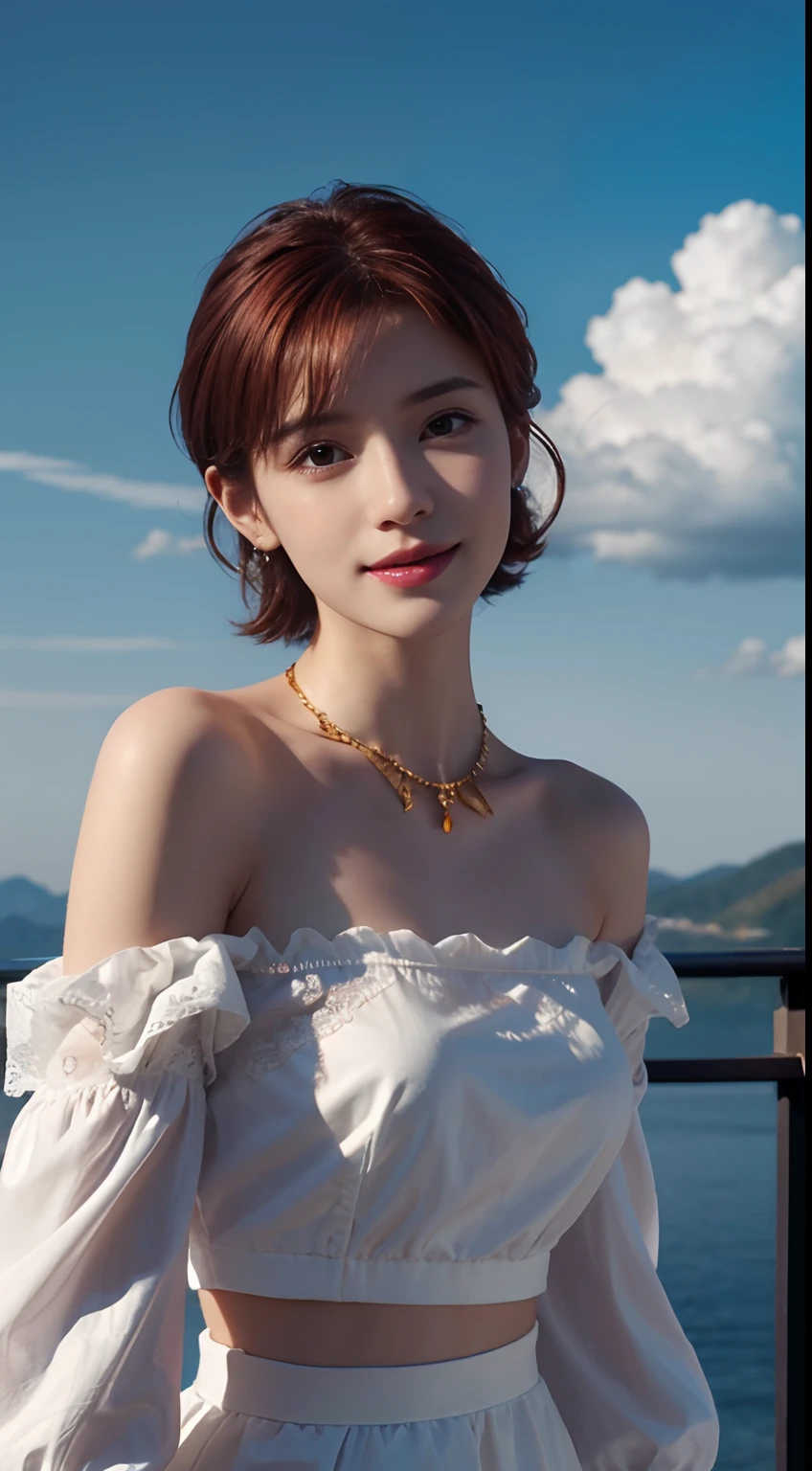 Realism, Surrealist painting, photorealistic realism, (very detailed 8k wallpapers), (extremely delicate and beautiful), (masterpiece), (best quality: 1.5), (ultra resolution: 1.3), detailed skin, ultra-detailed, (short wave hair:1.2), smile, red_hair, breeze, diamond_necklace, full_body, white_off_the_shoulder_shirt_ with_bobo_sleeves, gold_lace, (mountain_top: 1.6), (colorful_clouds), realistic shadows,