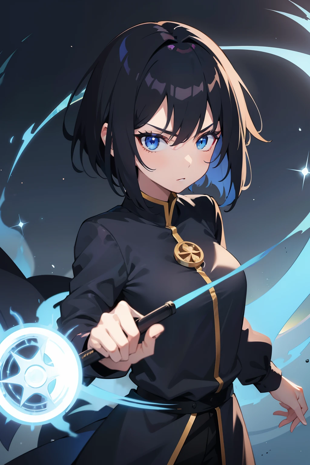anime girl, mage, black hair, blue eyes, cool and laidback, fire spell, short hair, strict