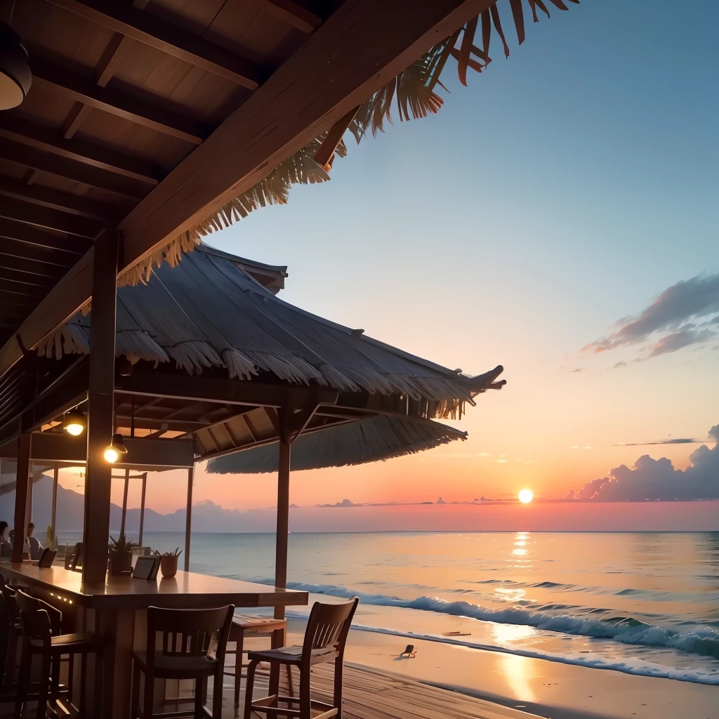 Please illustrate a seaside bar with a beautiful beach where the sunset sinks on the horizon as a backdrop. The bar is characterized by a roof made of palm leaves and natural bamboo chairs and tables. The customers are relaxed, sitting in beach chairs with colorful tropical cocktails in their hands. On the sandy beach, you can see the shoreline where the remaining sunlight is reflected, and in the distance, a sailboat is slowly moving. Soft music is flowing with the wind, as if it were integrated with the sound of the sea waves. The entire scene exudes a calm and relaxed atmosphere