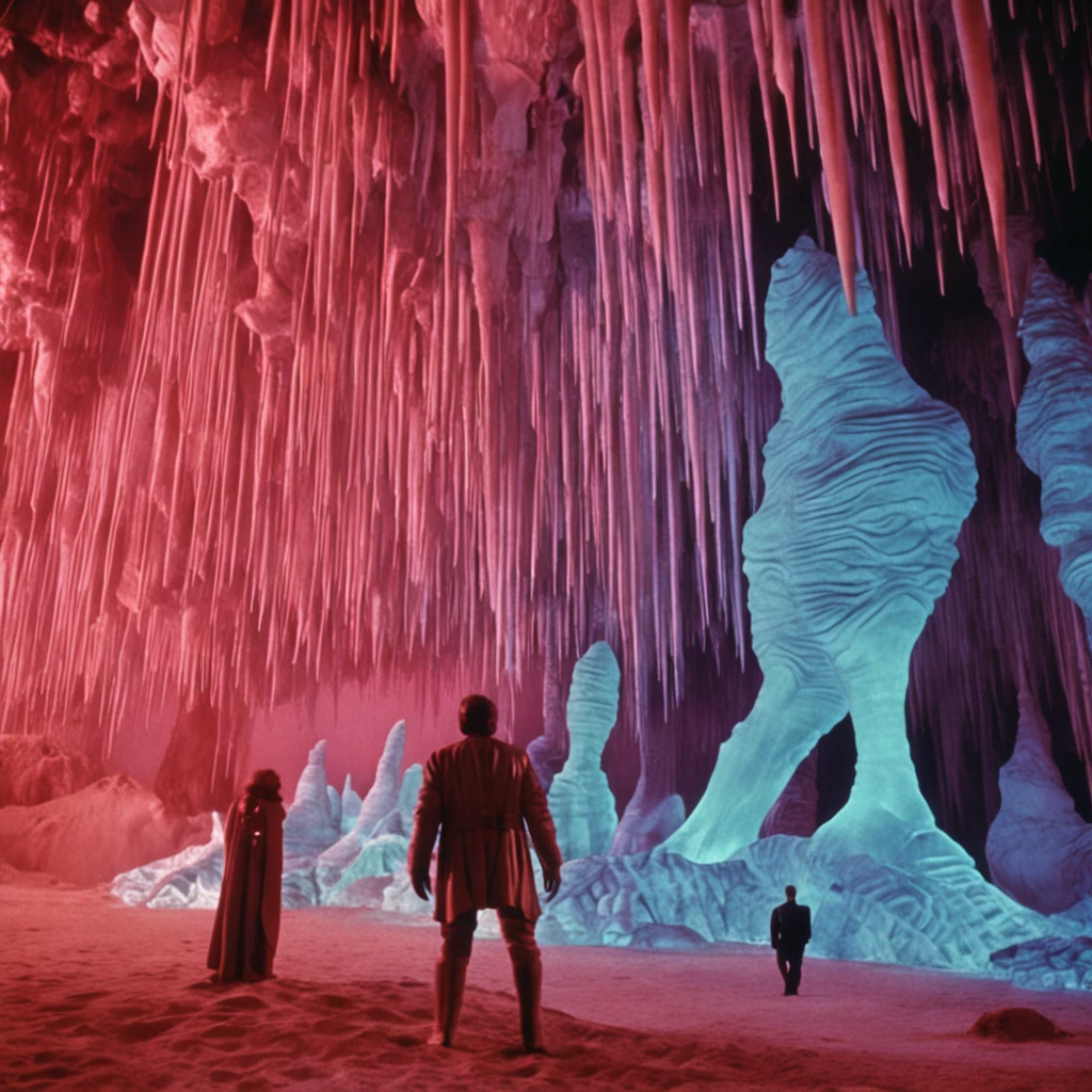 Weird looking crystalline man, in a ballroom with stalagmites, 1978 dune movie, scene from morgoth, 1978 movie, weird image, blue lighting, surrealism, anatomically correct