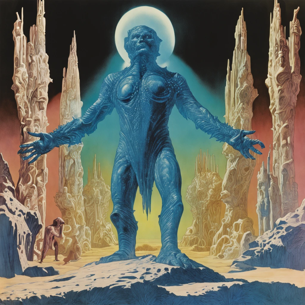 Weird looking crystalline man, in a ballroom with stalagmites, 1978 dune movie, scene from morgoth, 1978 movie, weird image, blue lighting, surrealism, anatomically correct