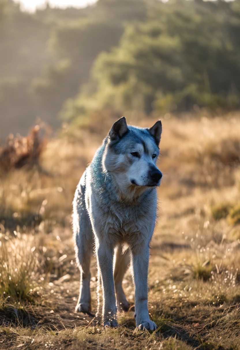 un akita de perro (((azul))) ((((SOLO))) , mirando hacia adelante, fondo de acuarela bien detallado, foco nítido, cola muy detallada, amanecer, (cold morning: 1.1), (morning dew: 1.15), realistic photograph, (Discreet photography: 1.2), detallado, 8k, intrincadas plumas erizadas, gotas de agua en las plumas, (estilo to8contrast), (niebla: 0.7), colores vivos, Sony a6600 Mirrorless Camera, embellecer2 --auto --s2