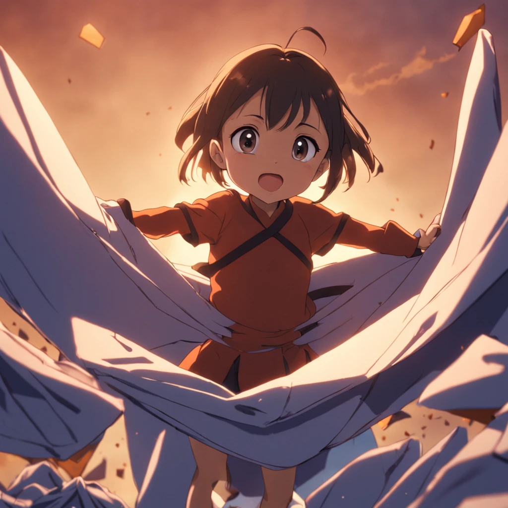 an ant sorting clothes for donation , obra-prima, melhor qualidade, filme ainda, 1girl, garota nuvem, floating into the sky, close-up, brilhante, feliz, Soft lighting and Warm, sun sunset, (Sparks: 0,7)