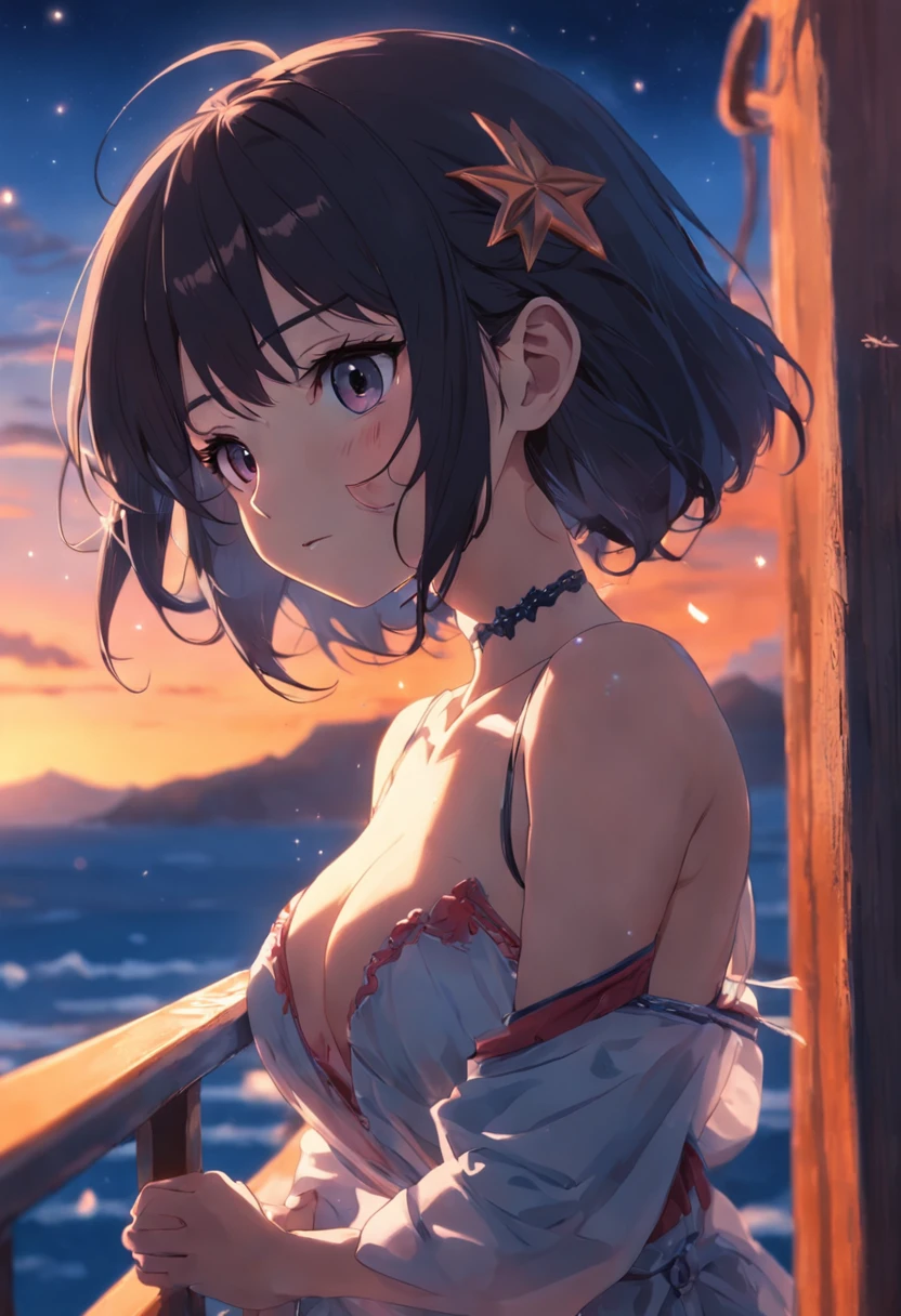 tmasterpiece,best qualtiy,one-girl,Lie on the seaside guardrail,closeup cleavage,starrysky,cheerfulness,Warm and soft lighting,the sunset,(spark of light:0.7)