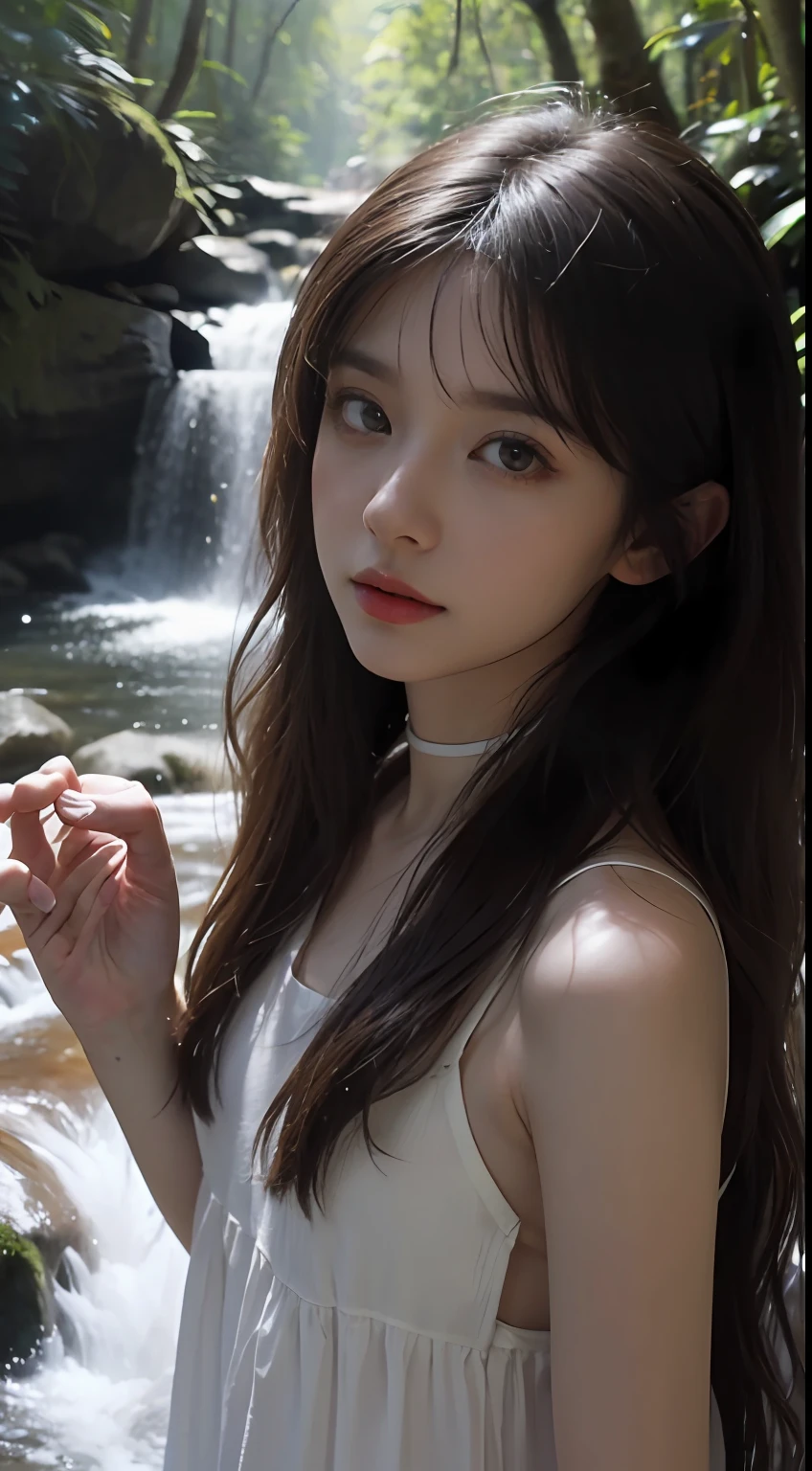 [(white backgrounid:1.4)::5], Dynamic Angle, Original, Additional Detail,(Ultra-detailed),illustration,(Extremely detailed Cg Unity 8K wallpaper), Perfectcomposition ,Intricate details, (Colorful:0.9), (full bodyesbian:1.25), (Intense angle:1.3),(Depth of field), (Tyndall effect:1.2), [Bottle bottom], An extremely delicate and beautiful girl, Solo, Sad expression, Black hair, (Emerald eyes:1.3), Messy_Hair, Long hair, (+perfect hand+:1.21), choker necklace, (Focus_Girl:1.4), Original characters, natural volumetric lighting and best shadows, white sundress, (circle bottom:0.8), (+In the forest+:1.2), (small stream|waterfallr:1.2),