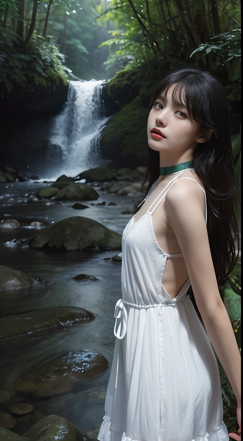 [(white backgrounid:1.4)::5], Dynamic Angle, Original, Additional Detail,(Ultra-detailed),illustration,(Extremely detailed Cg Unity 8K wallpaper), Perfectcomposition ,Intricate details, (Colorful:0.9), (full bodyesbian:1.25), (Intense angle:1.3),(Depth of field), (Tyndall effect:1.2), [Bottle bottom], An extremely delicate and beautiful girl, Solo, Sad expression, Black hair, (Emerald eyes:1.3), Messy_Hair, Long hair, (+perfect hand+:1.21), choker necklace, (Focus_Girl:1.4), Original characters, natural volumetric lighting and best shadows, white sundress, (circle bottom:0.8), (+In the forest+:1.2), (small stream|waterfallr:1.2),