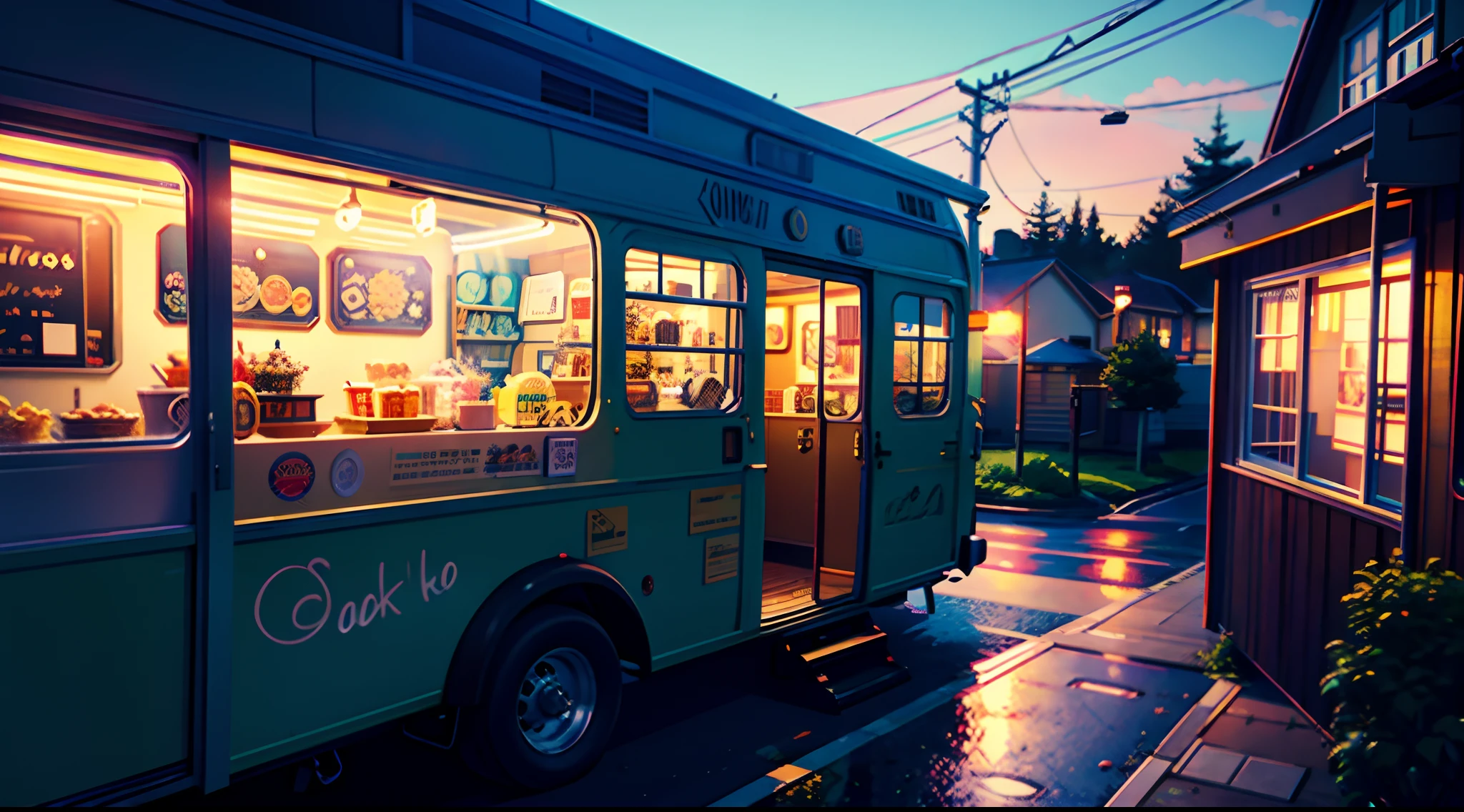 There is a van parked in front of the house, lofi artstyle, Anime Background Art, style of makoto shinkai, cozy cafe background, Anime Background, studio glibly makoto shinkai, in the style of makoto shinkai, ( ( By Shinkai Makoto ) ), lofi art, mokoto shinkai, by Ross Tran. scenic background
