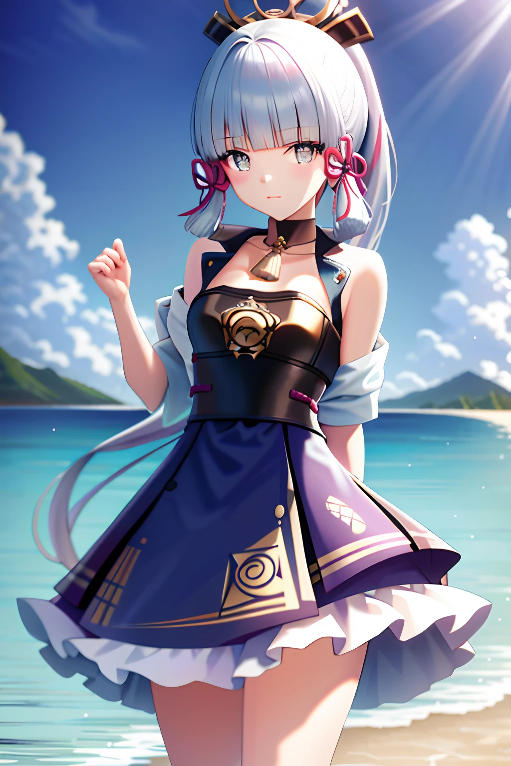 tmasterpiece,A high resolution,best qualtiy,sandbeach,Facing the audience,Swimsuit beauty,kamisato_ayaka