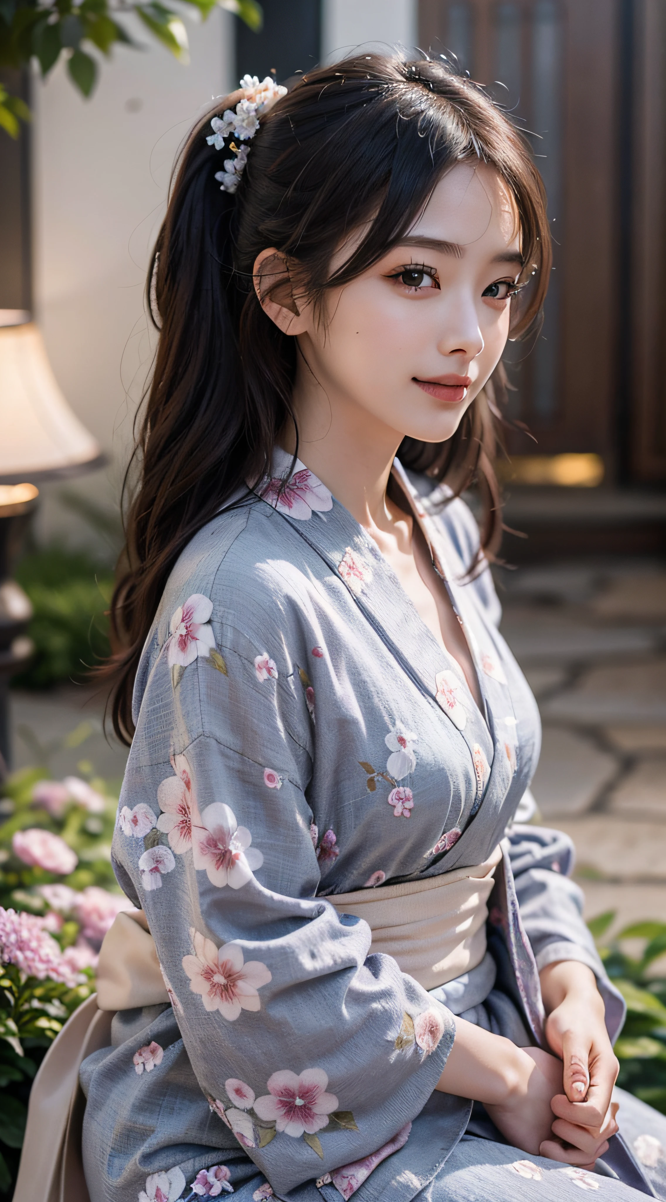 (Photorealsitic:1.4), (Top image quality:1.0), (超A high resolution:1.0), 8K, Raw photography, (masterpiece:0.2), (pureerosface_v1:0.5)、(Best Quality Detail:1.2)、realisitic、8K UHD、hight resolution、(1girl in:1.2)、The ultra-detailliert、High quality textures、intricate detailes、detaileds、Very detailed CG、High quality shadows、Detail Beautiful delicate face、Detail Beautiful delicate eyes、depth of fields、Ray traching,1girl in, japanaese girl, Cute, slender, Black kimono, Kimono with Japanese pattern,Floral scrunchie, Beautiful skin, Facing the front,Sit down, Sit upright and say thank you,Align your hands elegantly,Smile faintly The Land of Japan,Japanese garden,Luxury Japanese-style room, skyporn, Magic Hour, (Realistic:1.3), Finely detailed, quality, (masutepiece:1.2), (Photorealistic:1.2), (Best Quality), (Intricate details), Dramatic, Ray tracing, photograph, +Lola