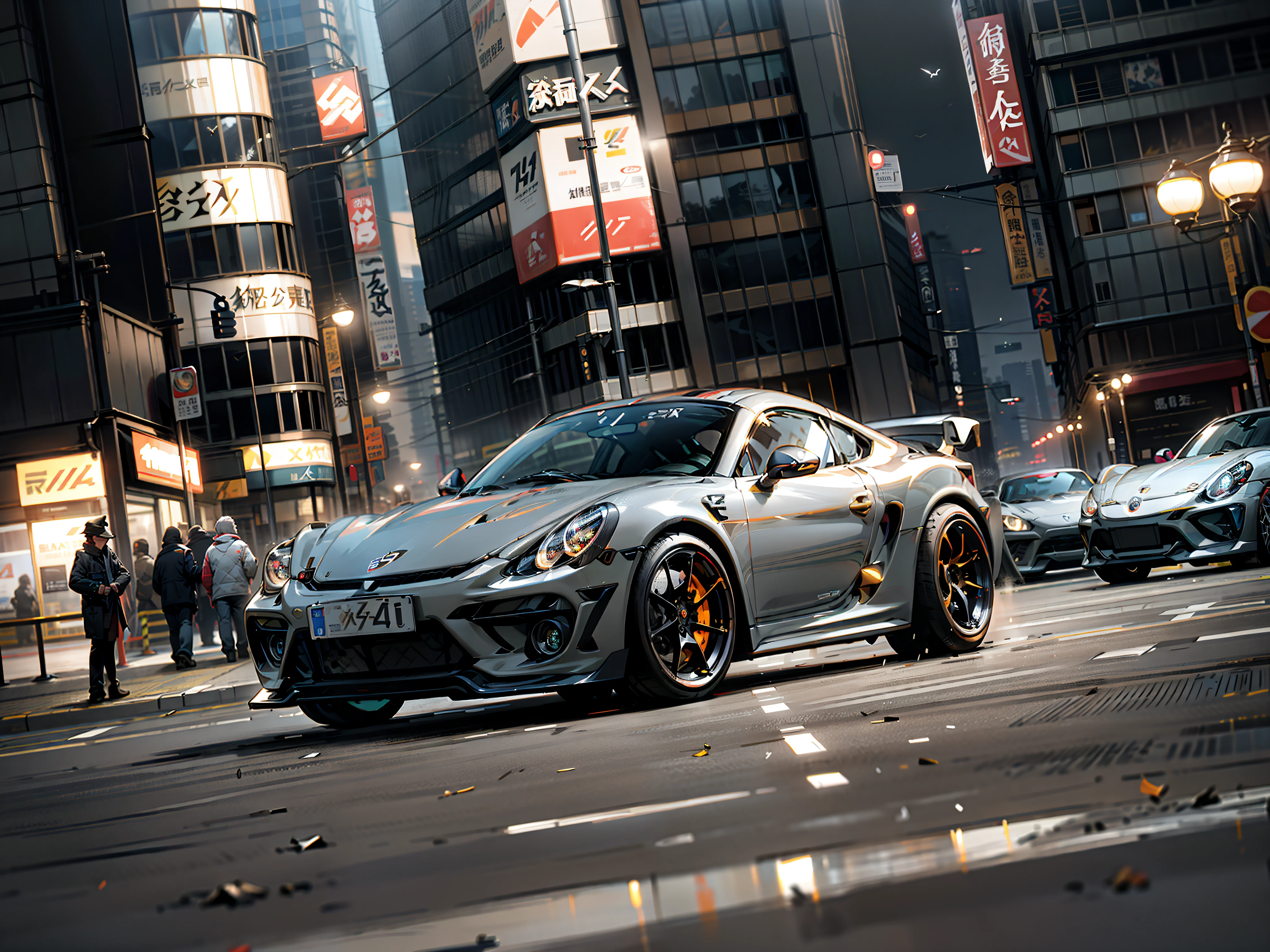 （Ultra-photorealistic quality）、Ultra-fine painted surface、masuter piece，8k wallpaper，nffsw，Ultra-high image quality，光影效果 、((Dark Grey Cayman GT4 RS　1Car)), ・Gran Trismo logo decal on wind window、Front bonnet is wet carbon、Car height 5ｃｍLow vehicle height at the time of fall、Bronze color wheel in forged aluminum、Slightly forward leans with slightly larger rear wheels、Front lights are finished in tinted、Scramble crossing in Shibuya、city light at night、All four wheels are slightly negative camber.、Professional Outdoor Lighting、Model 981。