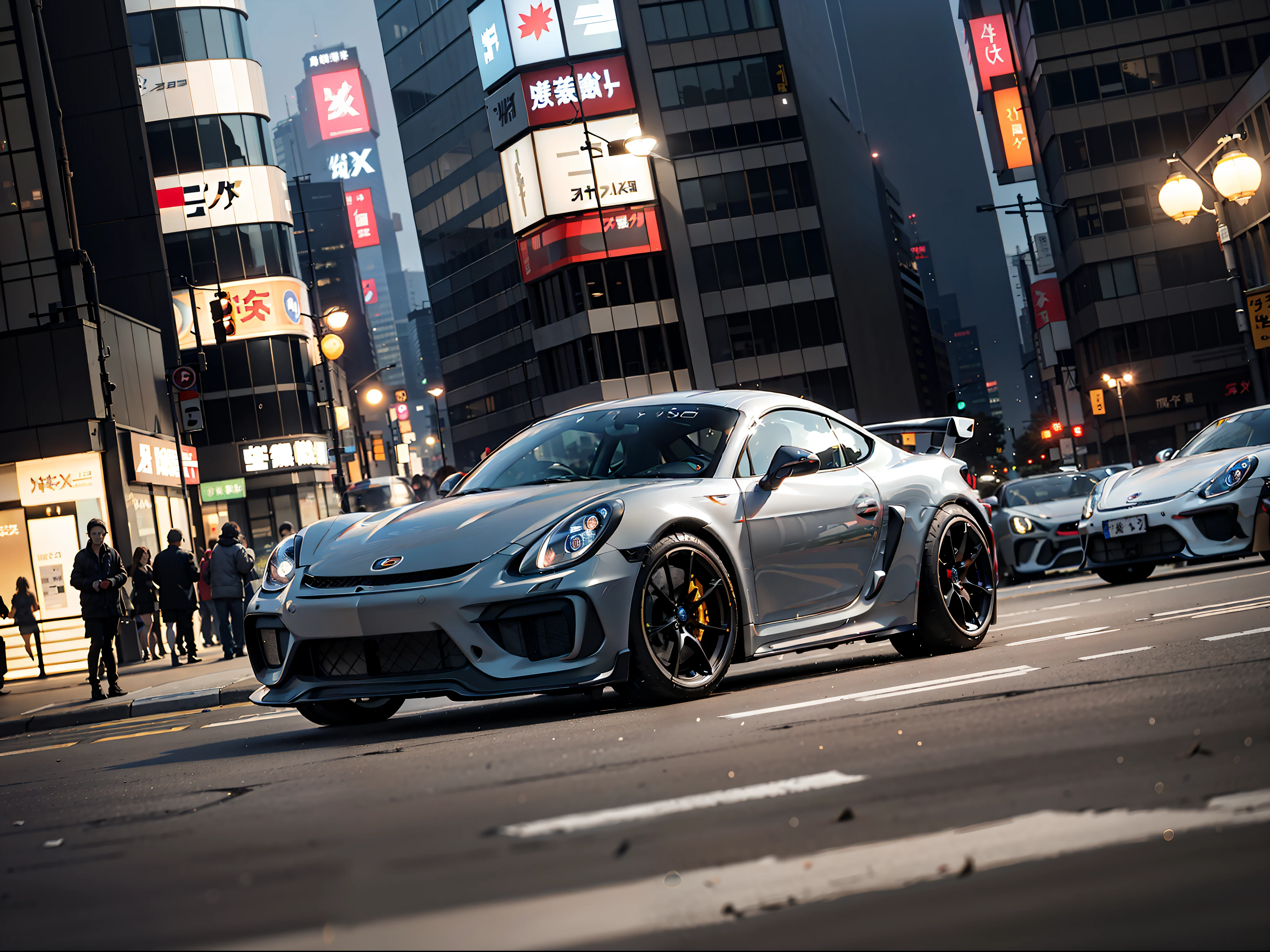 (Ultra-photorealistic quality)、Ultra-fine painted surface、masuter piece,8k wallpaper,nffsw,Ultra-high image quality,光影效果 、((Dark Grey Cayman GT4 RS 1Car)), ・Gran Trismo logo decal at wind window、Front bonnet is wet carbon、Car height 5cmLow vehicle height when falling、Bronze color wheel in forged aluminum、Slightly leans forward with a slightly larger rear wheel、Front lights are finished in tinted、Scramble crossing in Shibuya、city light at night、All four wheels are slightly negative camber.、Professional Outdoor Lighting、Model 981。