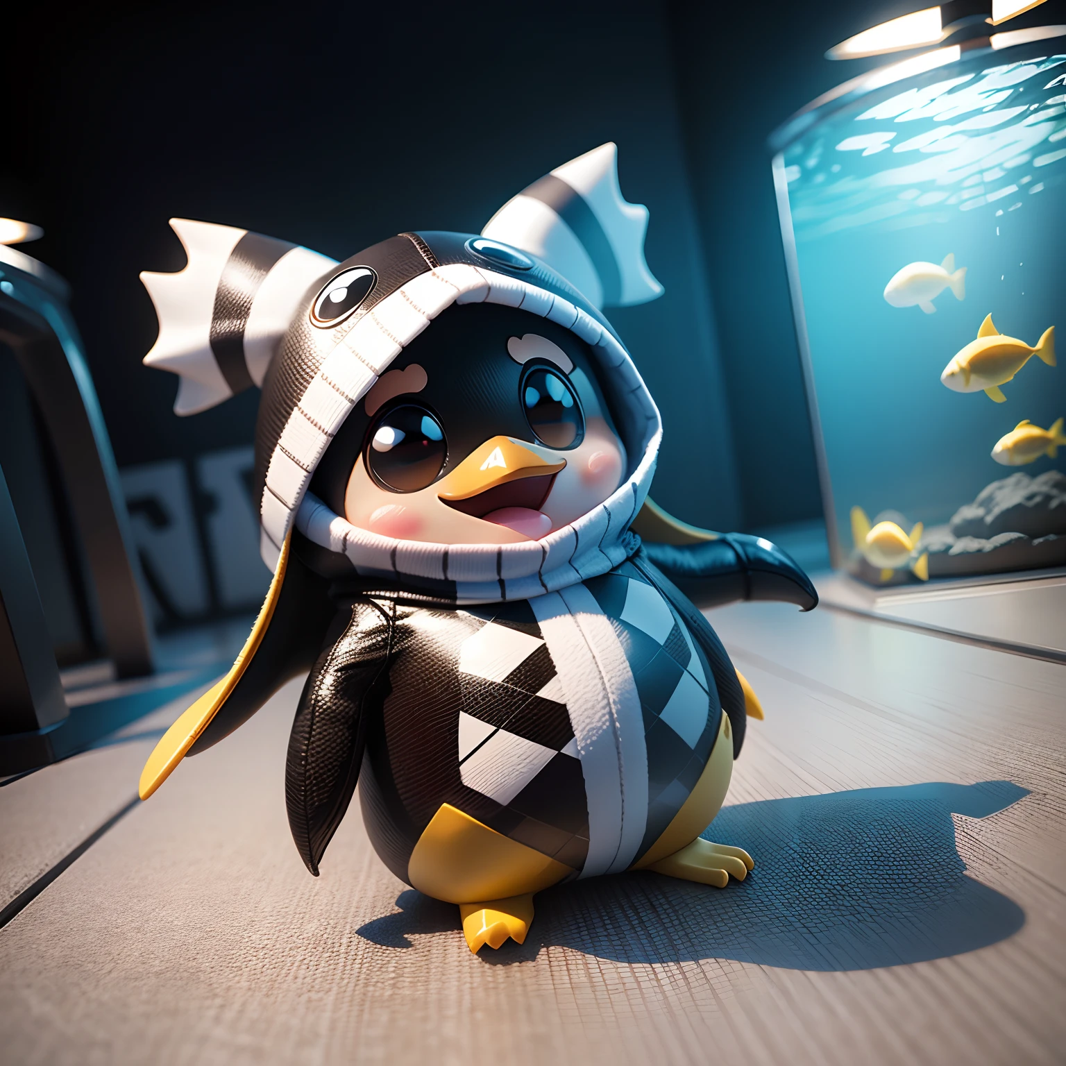 Checkerboard work Chibi 3D wearing penguin costume Chibi is cute and cute,Chibi 3D Inside a Giant Aquarium