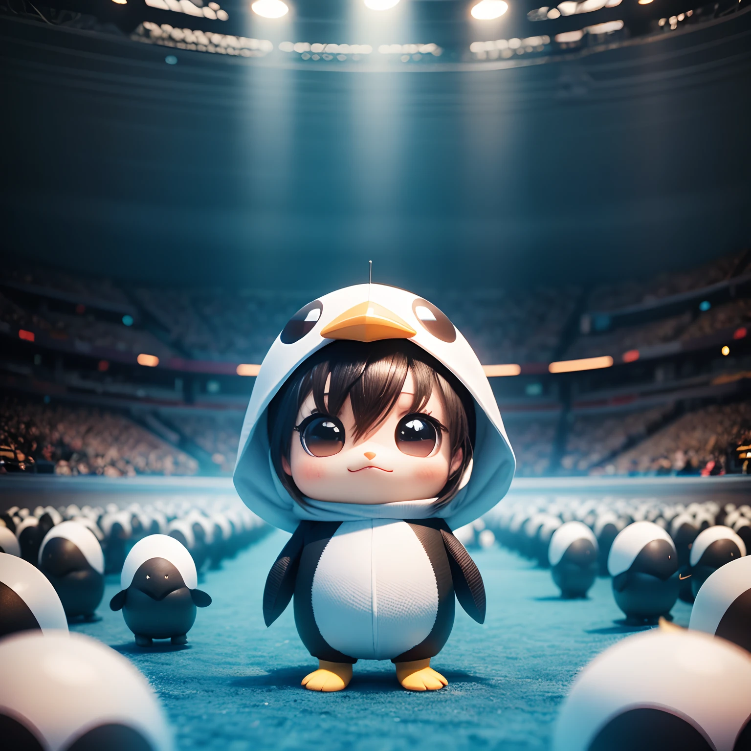 Checkerboard work Chibi 3D wearing penguin costume Chibi is cute and cute,Chibi 3D Inside a Giant Aquarium