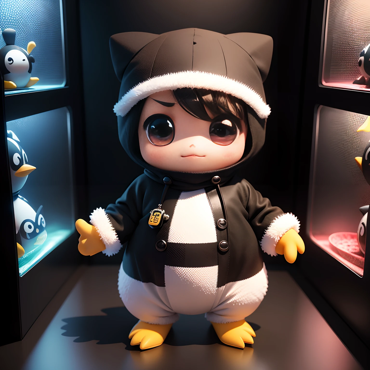 Checkerboard work Chibi 3D wearing penguin costume Chibi is cute and cute,Chibi 3D Inside a Giant Aquarium