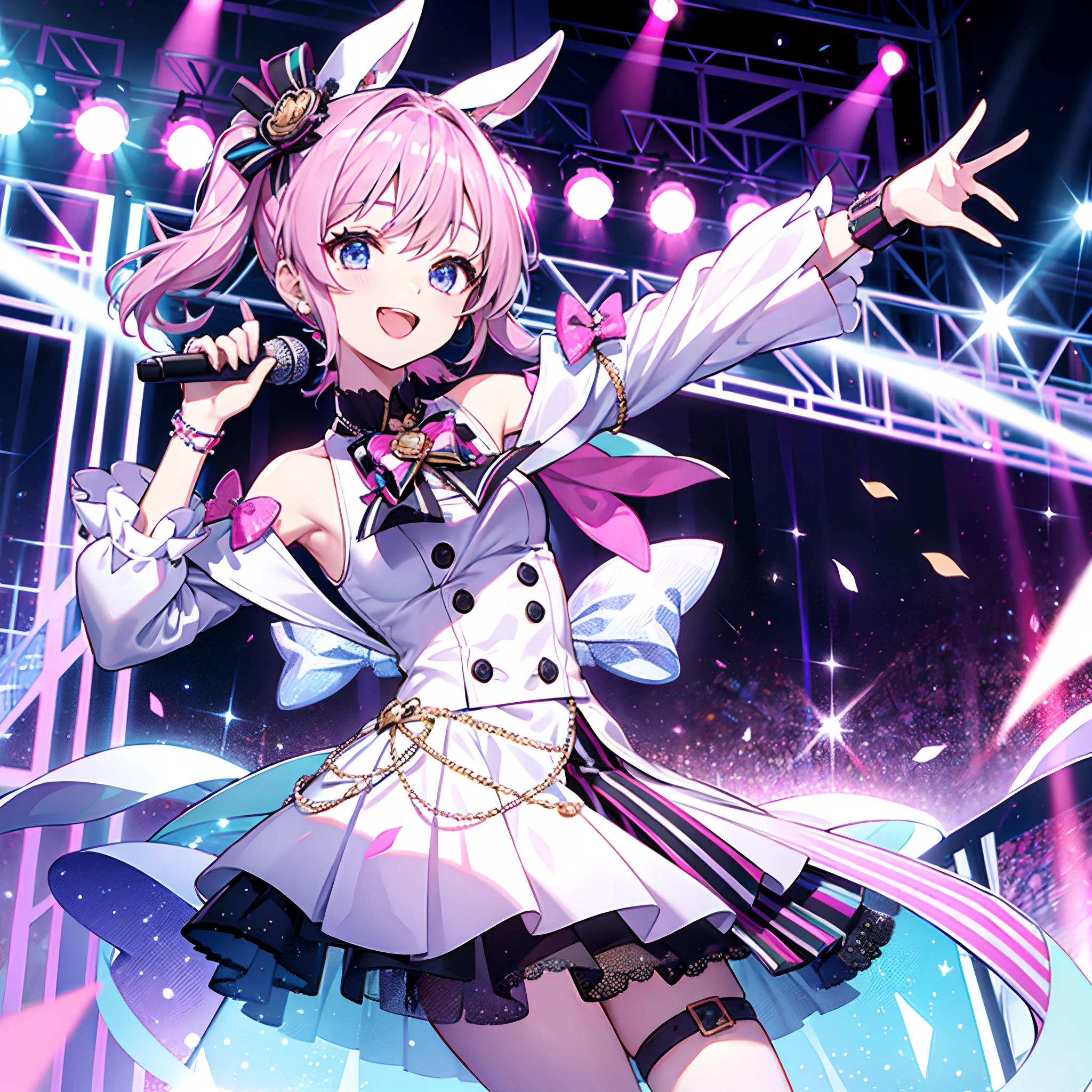 absurderes、ultra-detailliert、masterpiece、top-quality、BREAK、Official art、(Beautifully Aesthetic:1.2)、(watercolor paiting:Curly)、BREAK、Devilish Pretty Girl 1.2、a beauty girl、(kawaii:⒈3)、sixteen years old、BREAK、((Purple hair color:1.4))、BREAK、striated hair、((Random hairstyle:1.2))、(Splash)、(フラクタルアート1.3)、BREAK、Cat's ears、A sexy、(Ultra-detailed hands and fingers:1.2)、BREAK、(Carefully written hands and fingers)、((Chinese ruffled skirt and open chest((colourfull))Nazaki:1.2))BREAK、((heterochromia iridis、BREAK、Variegated eyes))、BREAK、Since a while ago:1.2、randome pose、BREAK、stick out buttocks、shyly smile、red blush、Happy smiling face、BREAK、Look at viewers、((Cute with super complex embroidery pattern((blanche))lace string panties:1.2))、BREAK、((AI Concert:1.4))、BREAK、livestream、BREAK、Lighting with neon glow on background、BREAK、(Get a professional AI stage background:1.2)、BREAK、profetional lighting、BREAK、Singing with microphone in hand、((Panchira:1.2)) Skirt Lift Up:1.2、Fan Service