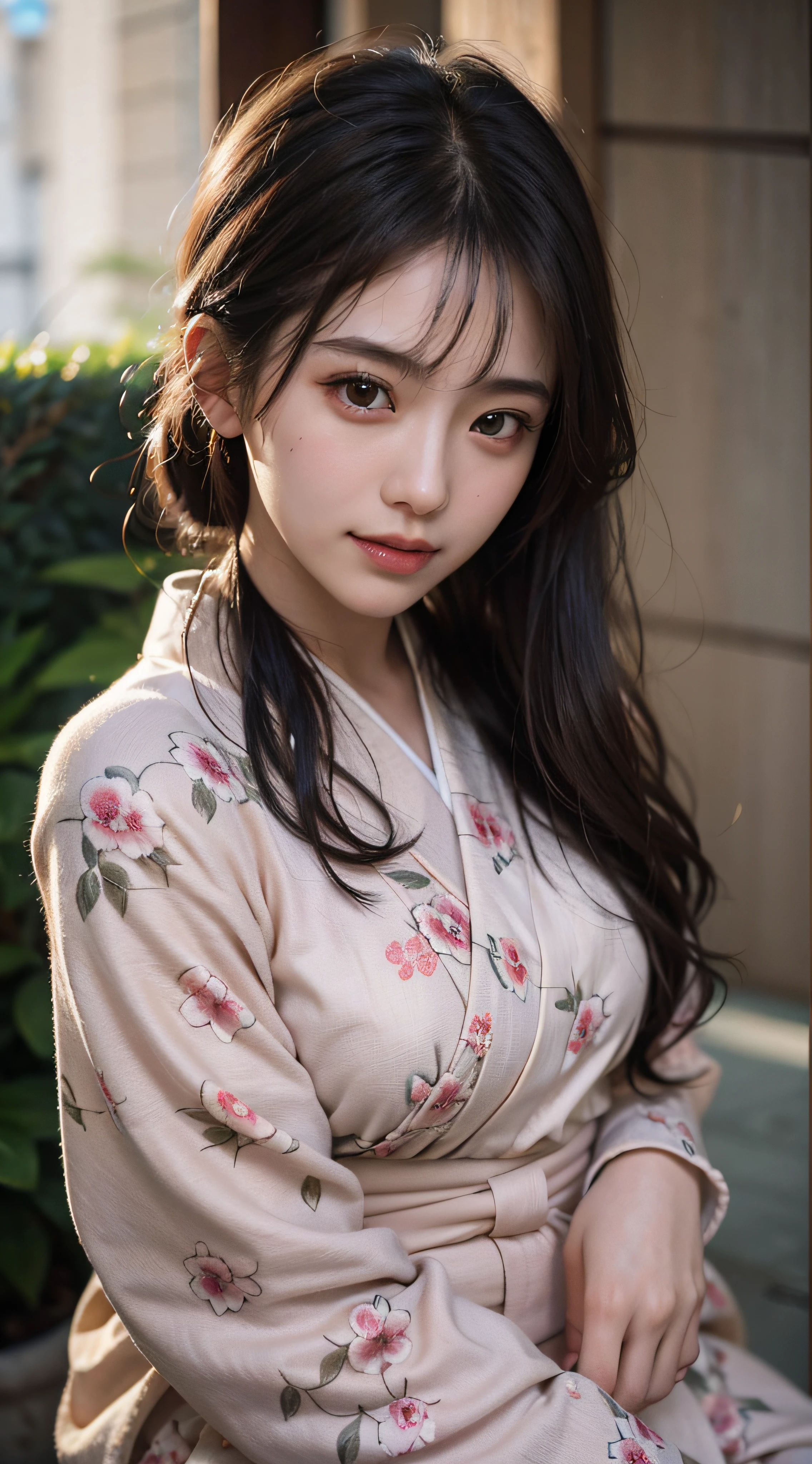 (Photorealsitic:1.4), (Top image quality:1.0), (超A high resolution:1.0), 8K, Raw photography, (masterpiece:0.2), (pureerosface_v1:0.5)、(Best Quality Detail:1.2)、realisitic、8K UHD、hight resolution、(1girl in:1.2)、The ultra-detailliert、High quality textures、intricate detailes、detaileds、Very detailed CG、High quality shadows、Detail Beautiful delicate face、Detail Beautiful delicate eyes、depth of fields、Ray traching,1girl in, japanaese girl, Cute, slender, Black kimono, Kimono with Japanese pattern,Floral scrunchie, Beautiful skin, Facing the front,Sit down, Sit upright and say thank you,Align your hands elegantly,Smile faintly The Land of Japan,Japanese garden,Luxury Japanese-style room, skyporn, Magic Hour, (Realistic:1.3), Finely detailed, quality, (masutepiece:1.2), (Photorealistic:1.2), (Best Quality), (Intricate details), Dramatic, Ray tracing, photograph, +Lola