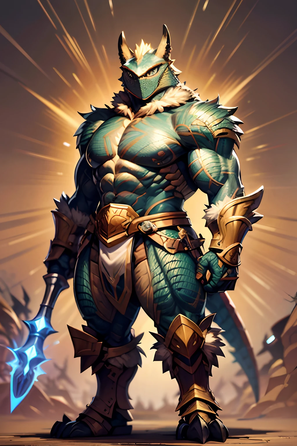 Game character standing drawing design，Disney animation，style of disney animation，Lizard warriors，coda，Thick scales，Fur shoulders，Stout limbs，Muscle explosions，Equipped with a huge hammer，Different layers overlay，Different angles，（Left view full body：1.4），solid color backdrop，clean backdrop，depth of fields，high light，Real light，Ray traching，OC renderer，UE5 renderer，Hyper-realistic，best qualtiy，8K，Works of masters，super-fine，Detailed pubic hair，Correct anatomy，